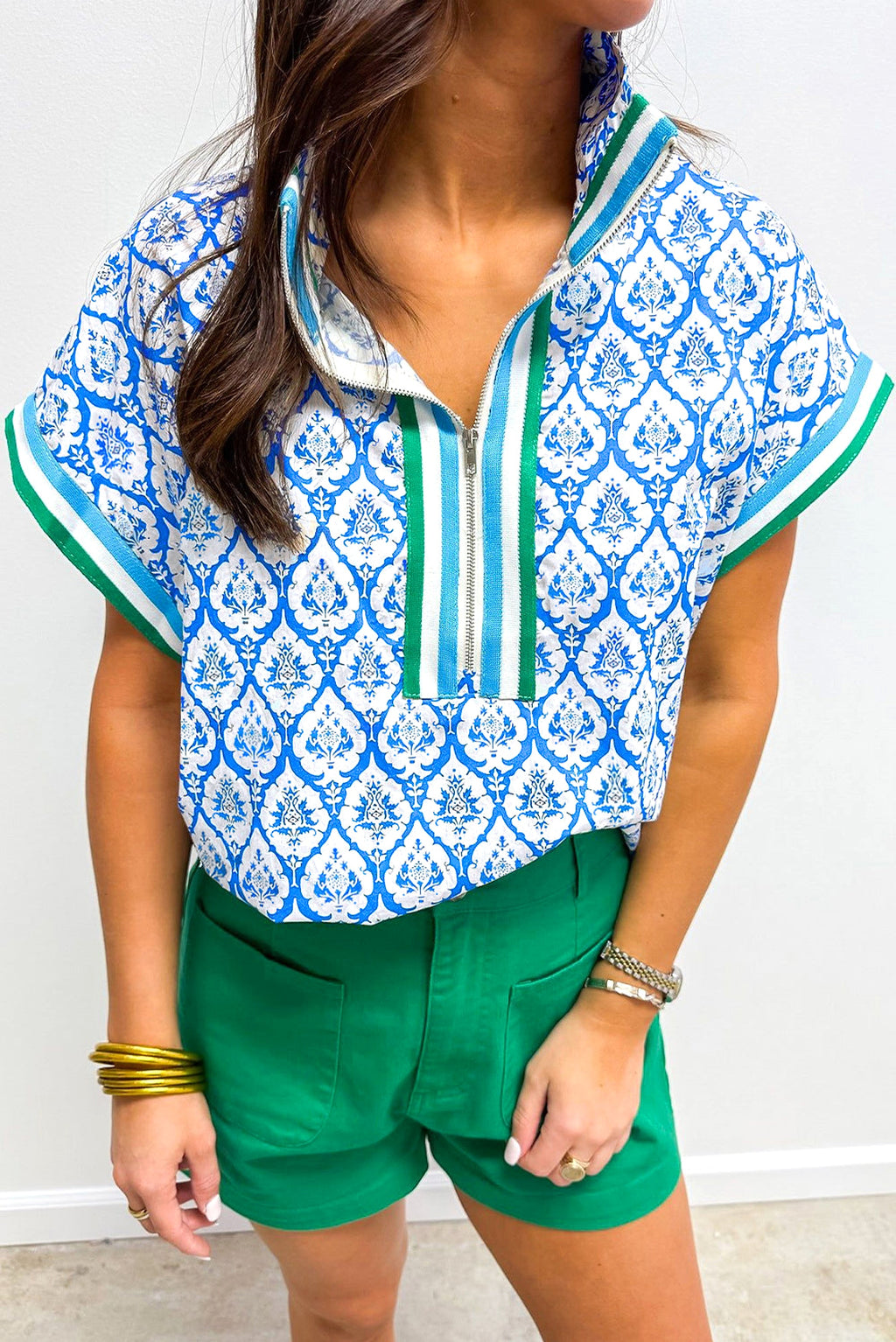 Sky Blue Western Print Zipped Collar Short Sleeve Summer Blouse Top - enhanced image 1