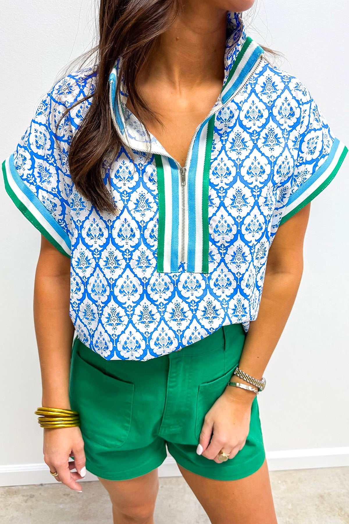 Sky Blue Western Print Zipped Collar Short Sleeve Summer Blouse Top - enhanced image 1
