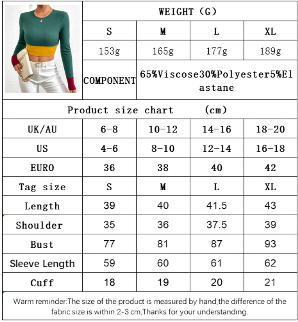 Slim Fit O-neck Short Stitching Long Sleeve T-shirt Women - enhanced image 1