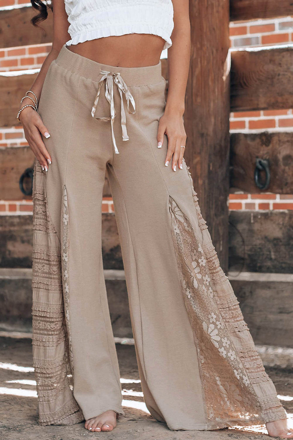 Smoke Gray Boho Lace Patchwork Wide Leg High Waist Pants - enhanced image 1