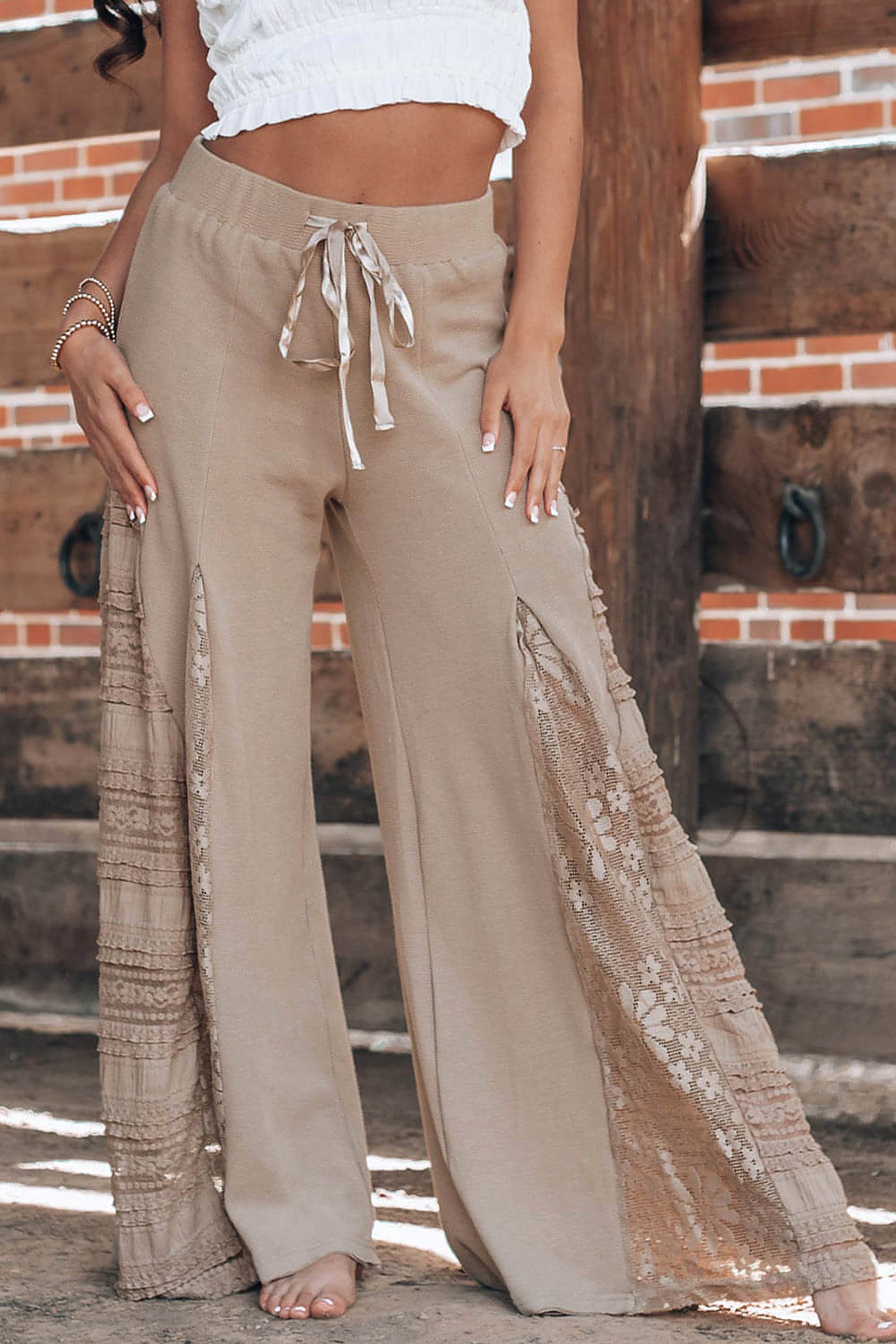 Smoke Gray Boho Lace Patchwork Wide Leg High Waist Pants - enhanced image 1