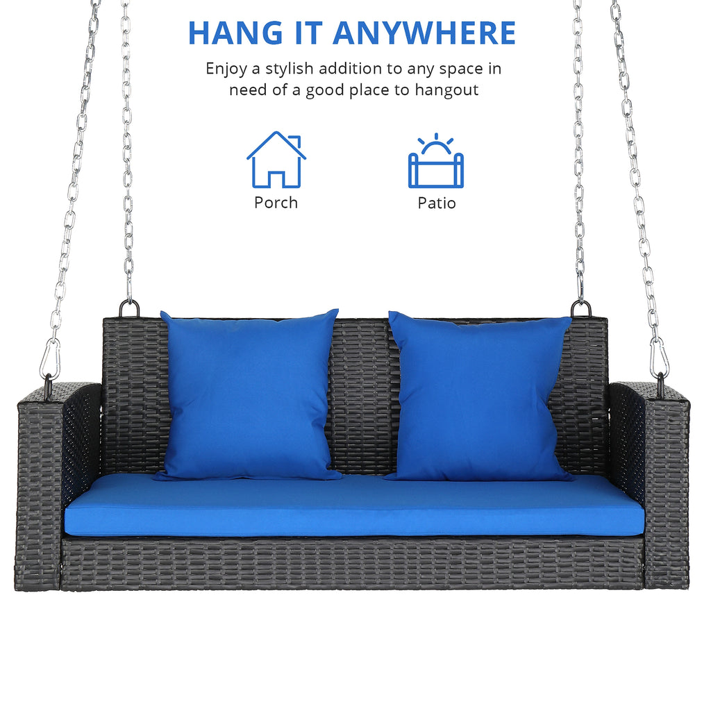 SolunaSwing™ – 4ft Black Rattan Hanging Chair with Blue Cushions - enhanced image 1