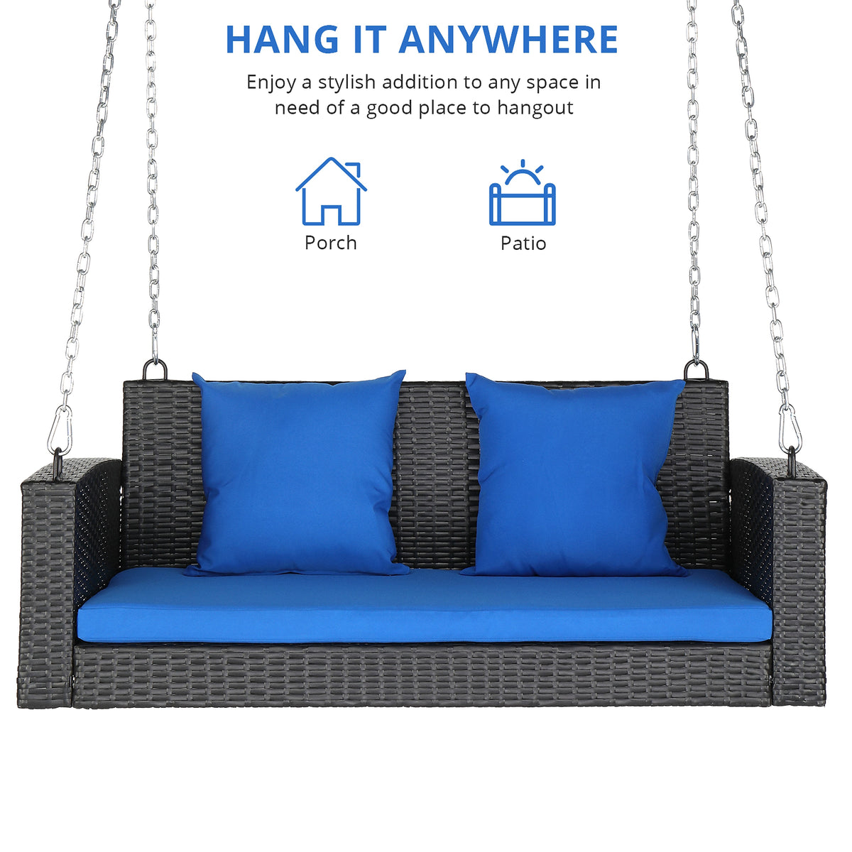 SolunaSwing™ – 4ft Black Rattan Hanging Chair with Blue Cushions - enhanced image 1