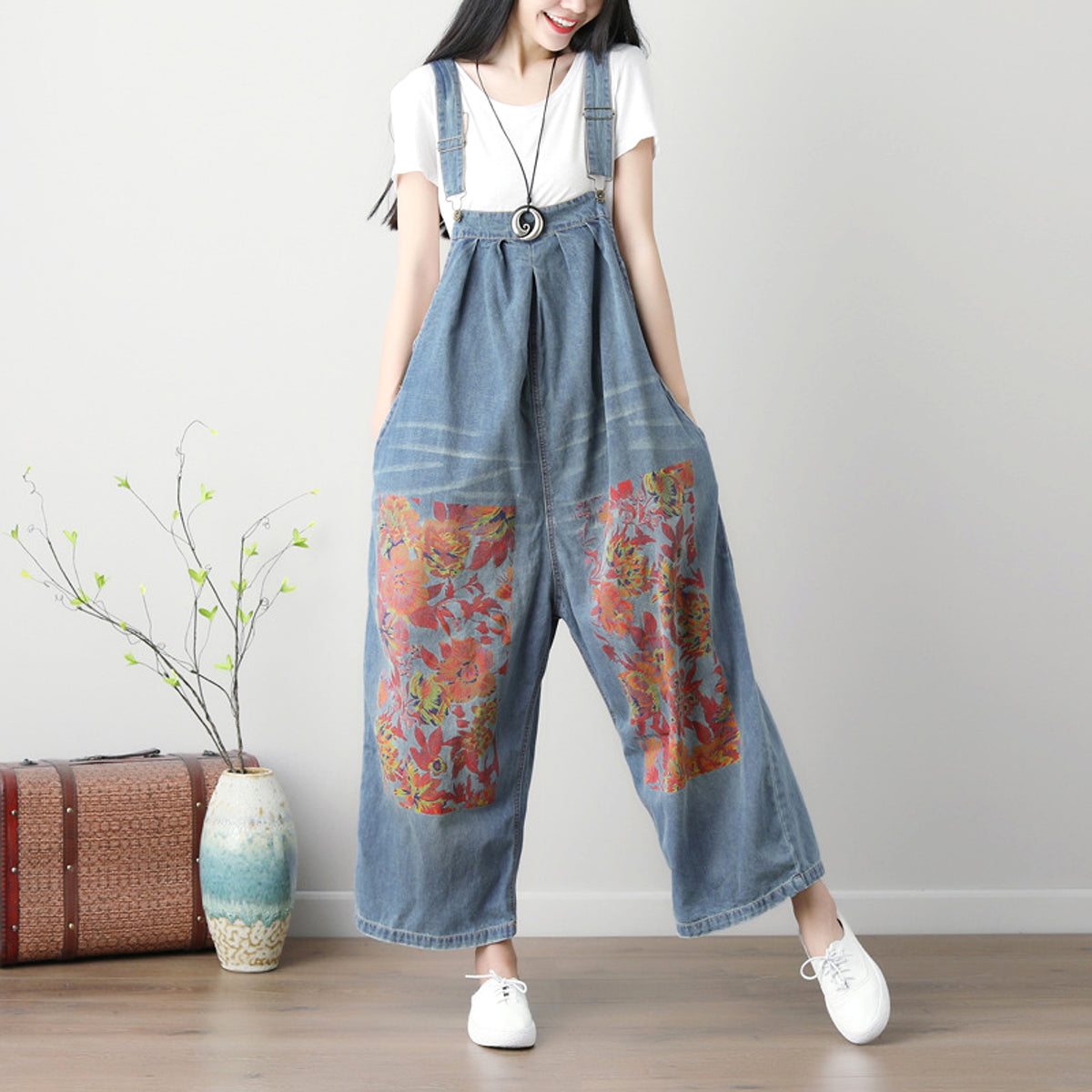 Spring And Summer Women's Plus Size Printed Suspender Pants - enhanced image 1