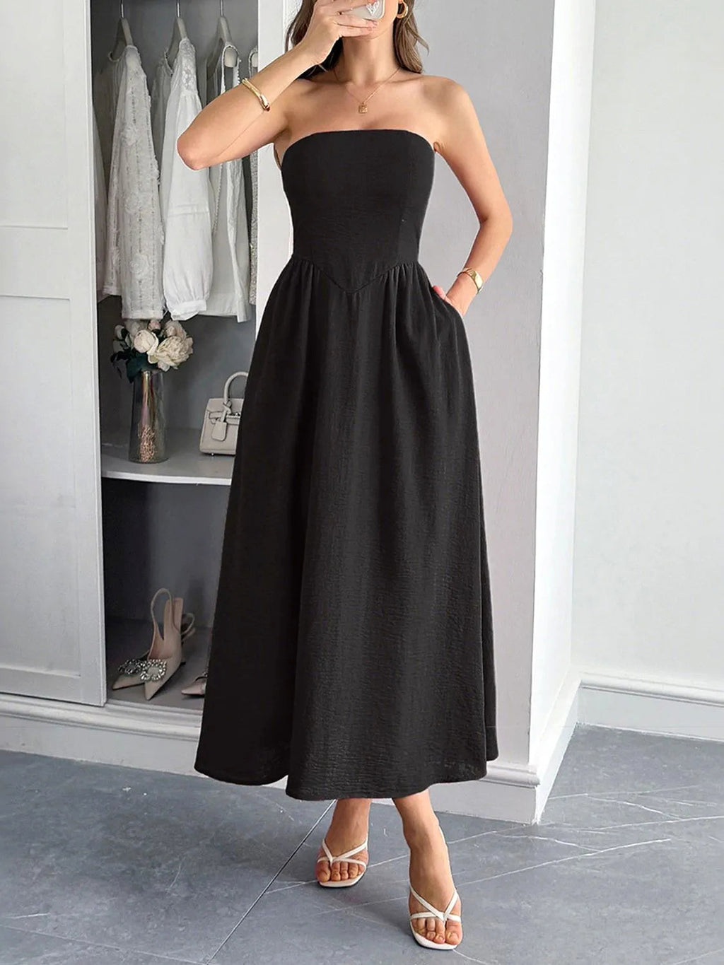 Strapless A-Line Midi Dress with Pockets - enhanced image 1