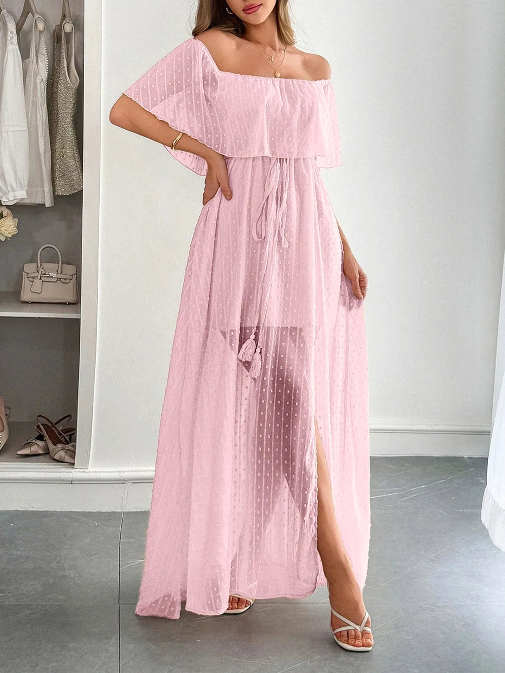 Swiss Dot Off Shoulder Maxi Dress - enhanced image 1