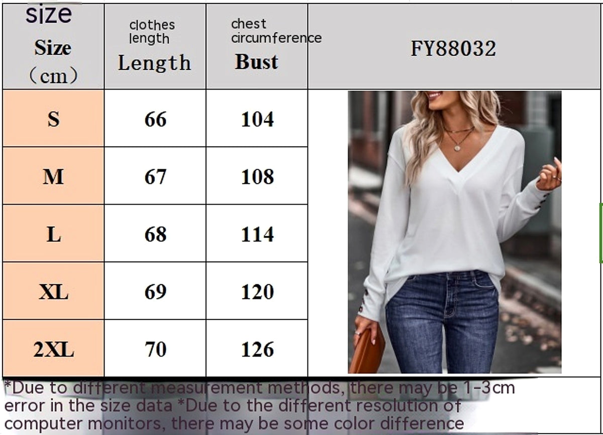 V-neck Loose Long Sleeve T-shirt Button Women - enhanced image 1