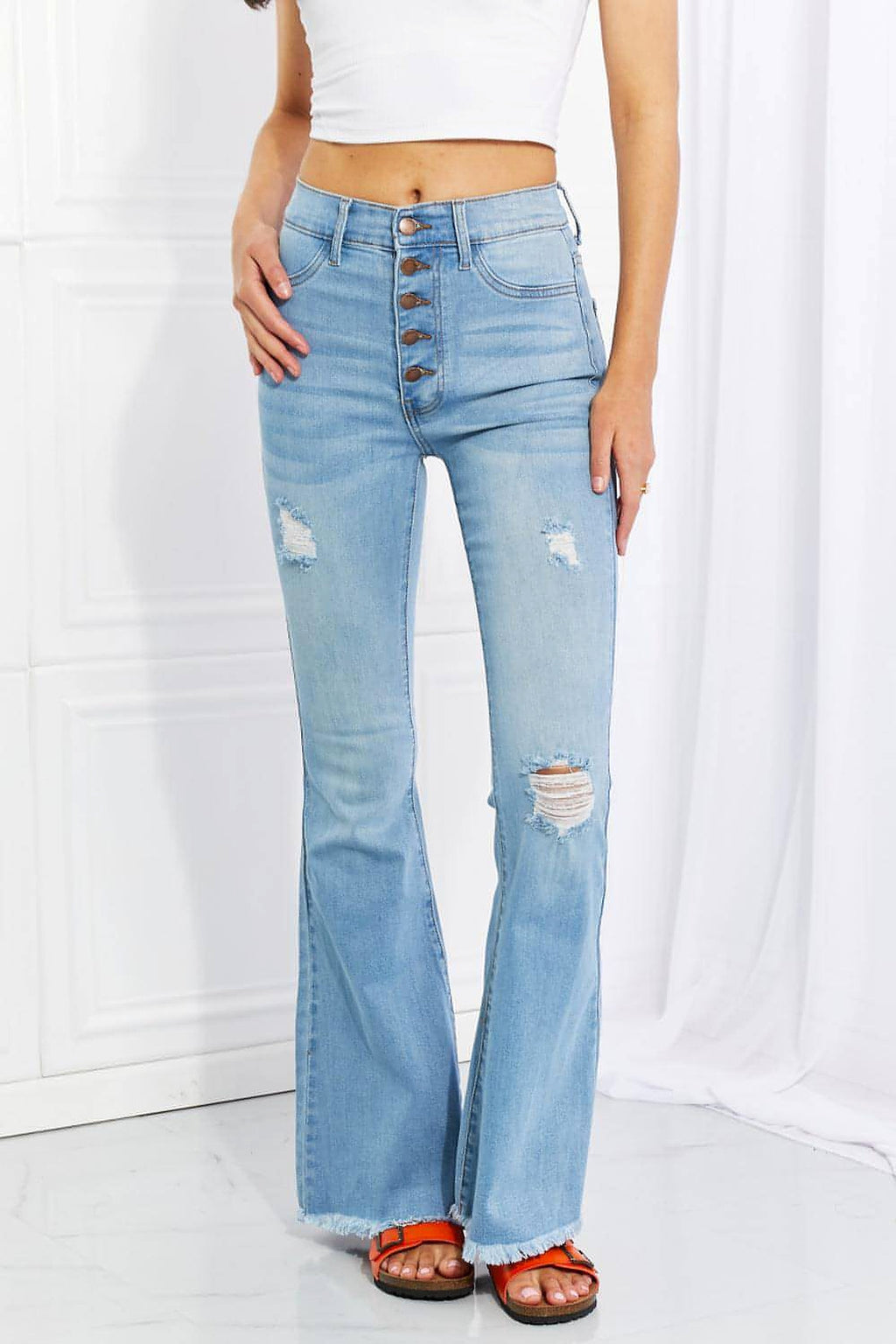 Vibrant MIU Full Size Jess Button Flare Jeans - enhanced image 1