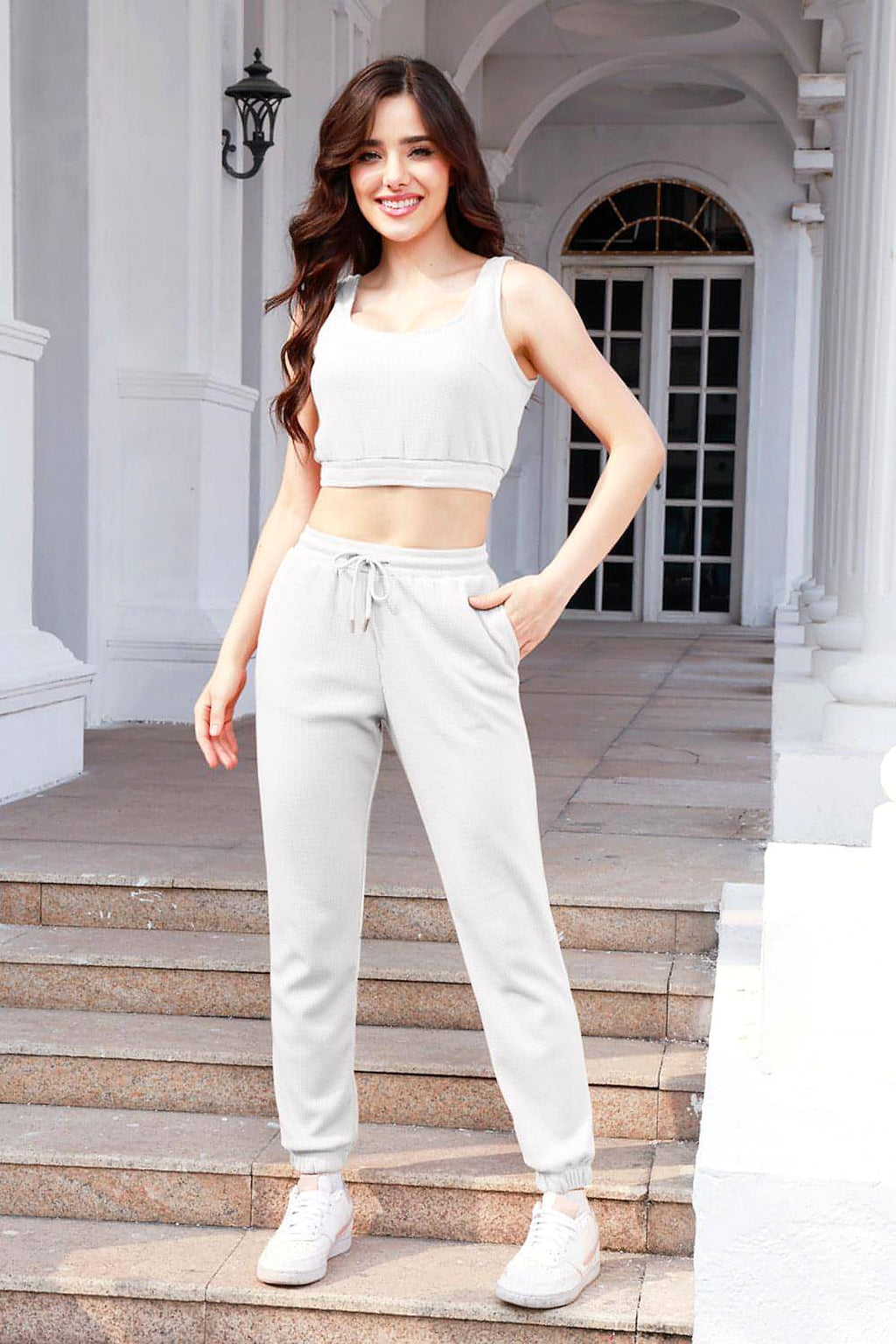 Waffle-Knit Cropped Tank and Drawstring Pants Set - enhanced image 1