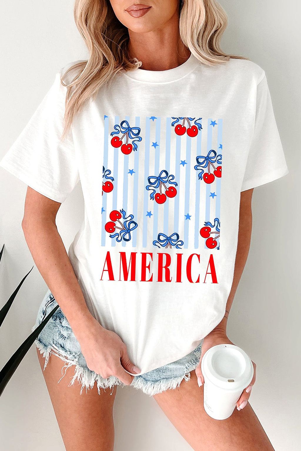White Bow Cherry AMERICA Graphic Crewneck Patriotic T Shirt - enhanced image 1