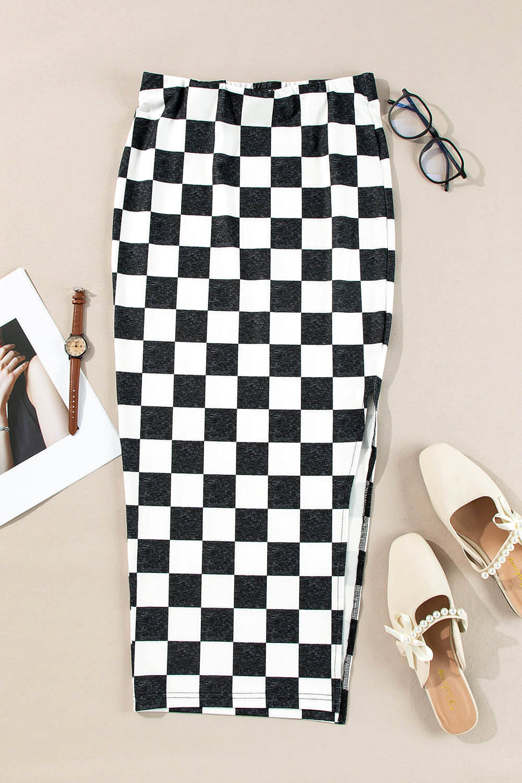 White Checkered Print Side Slit High Waist Midi Skirt - enhanced image 1