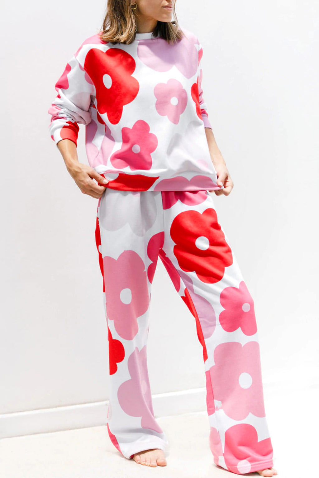 White Floral Print Pullover Top Sweatpants Lounge Set - enhanced image 1