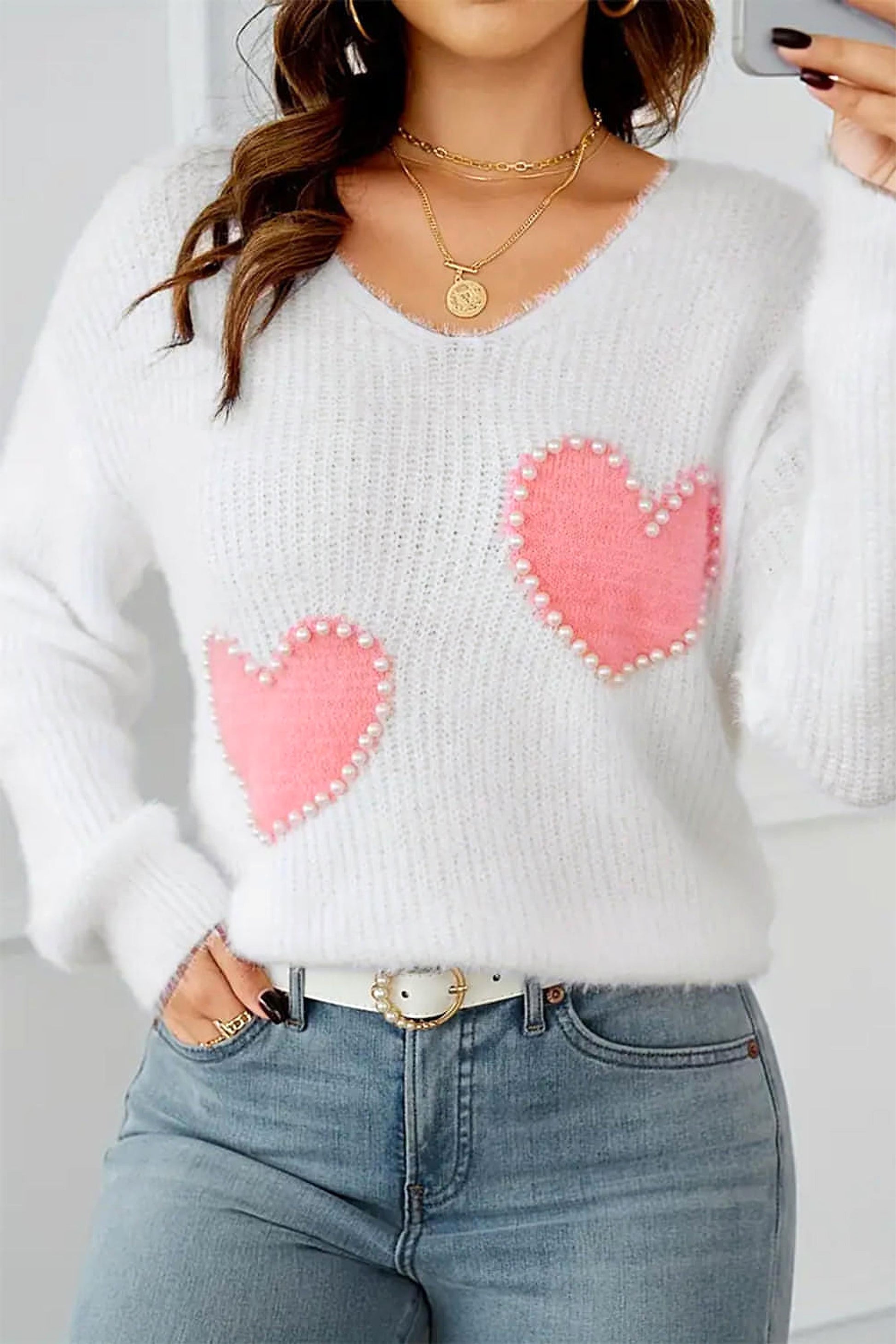 White Pearl Beaded Heart Pattern Fuzzy V Neck Sweater - enhanced image 1