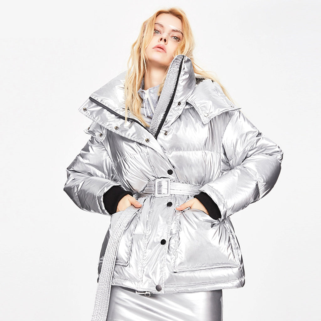 Winter Jacket Thick Mid-length Waist White Duck Down Jackets Slim Belt Silver Shiny Parka Women Coat - enhanced image 1