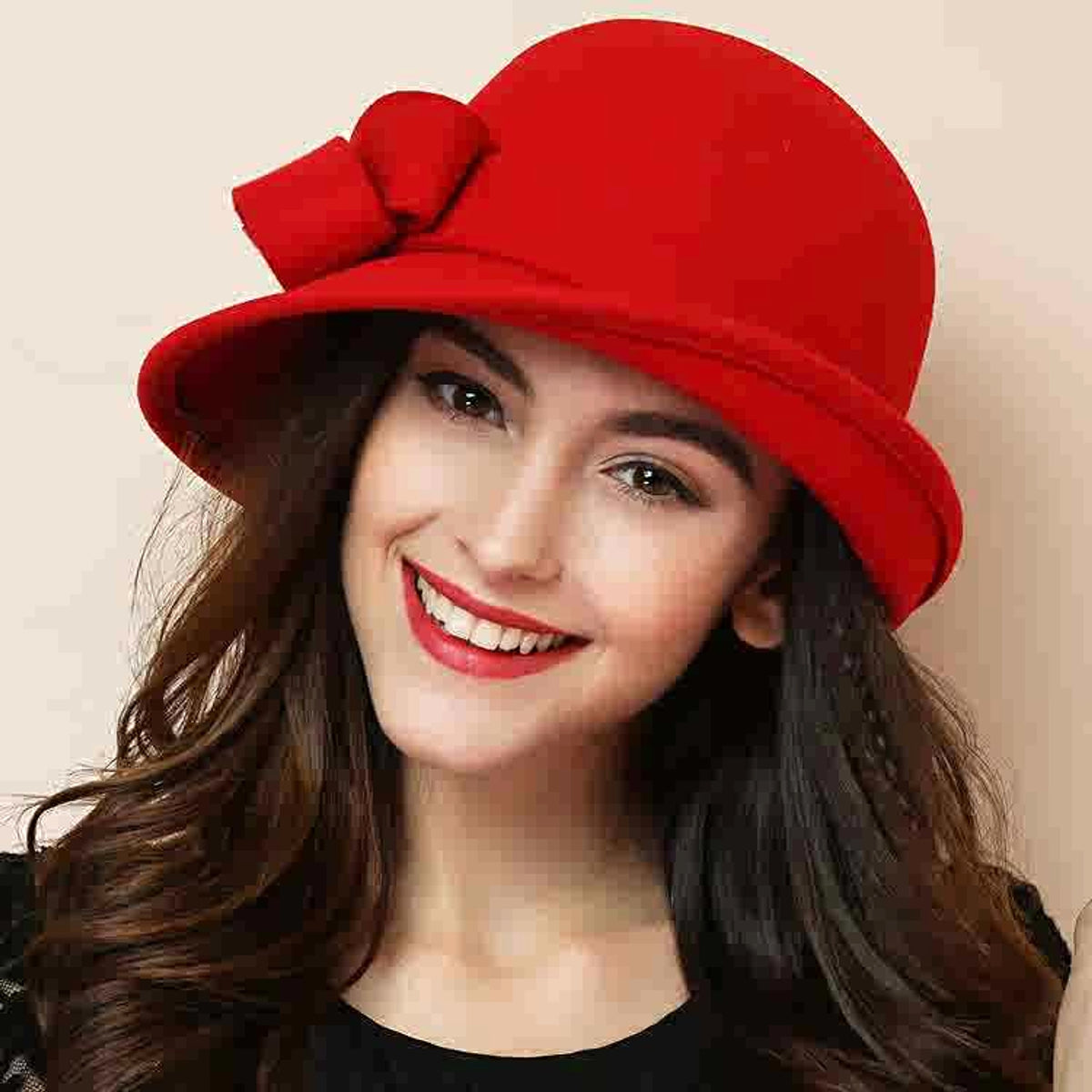 Women's French-style Elegant Retro Woolen Bowler Hat Curling Bow - enhanced image 1