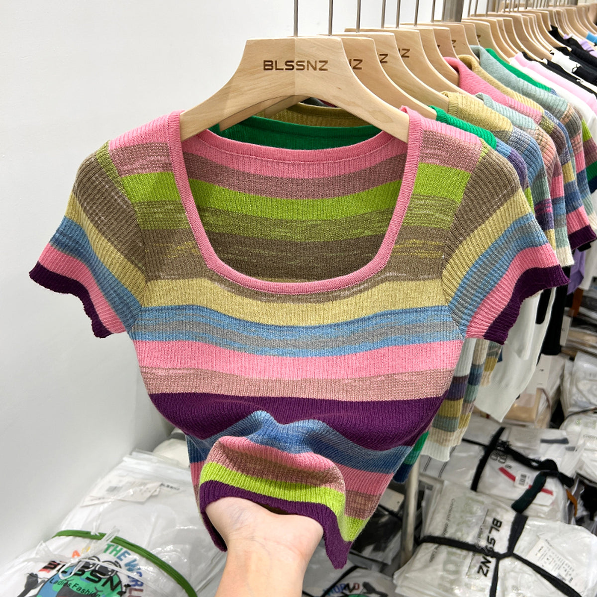 Women's Short Sleeve Square Collar Striped Ice Silk Knitted Sweater - enhanced image 1