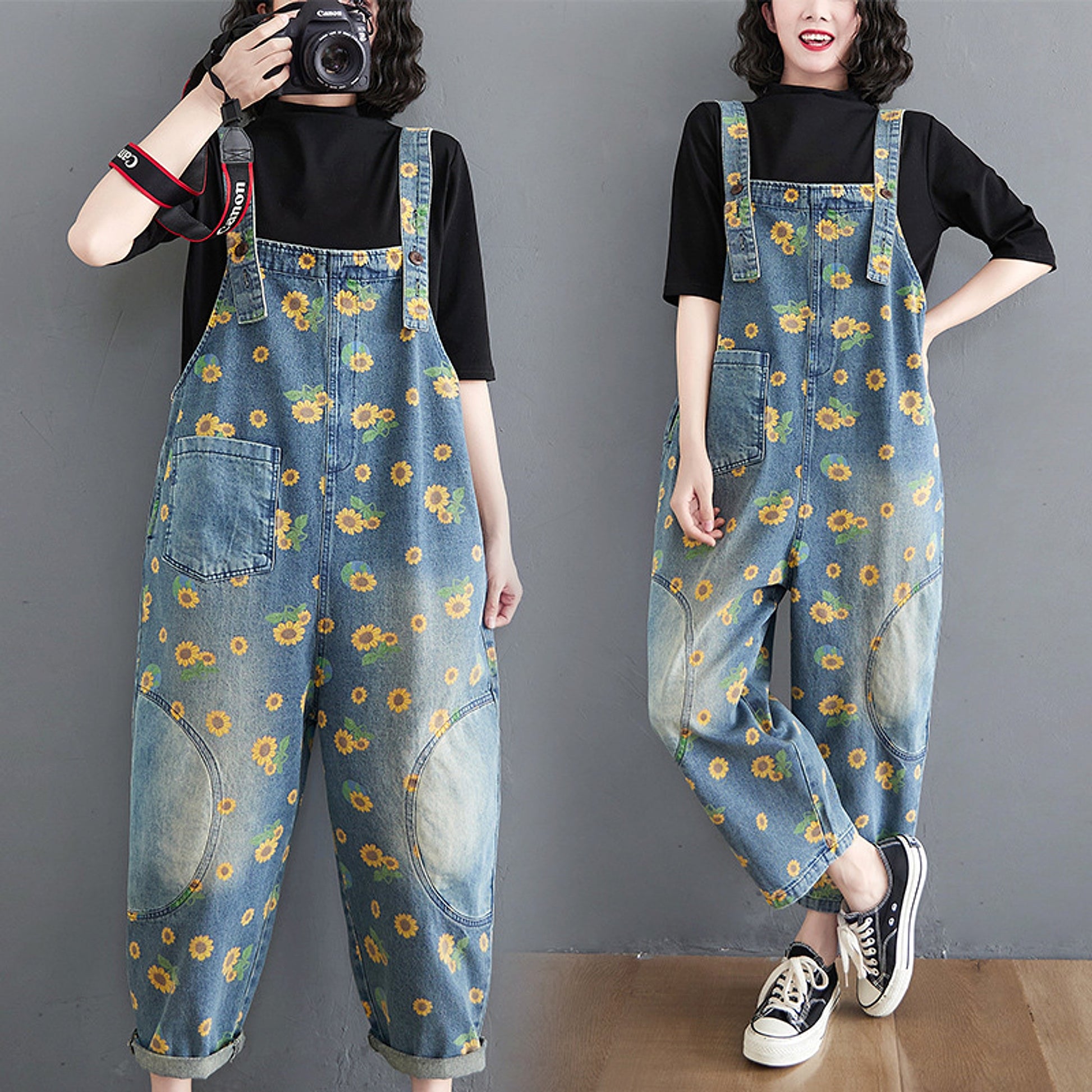 Women's Summer Retro Literary Print Denim Overalls - enhanced image 1