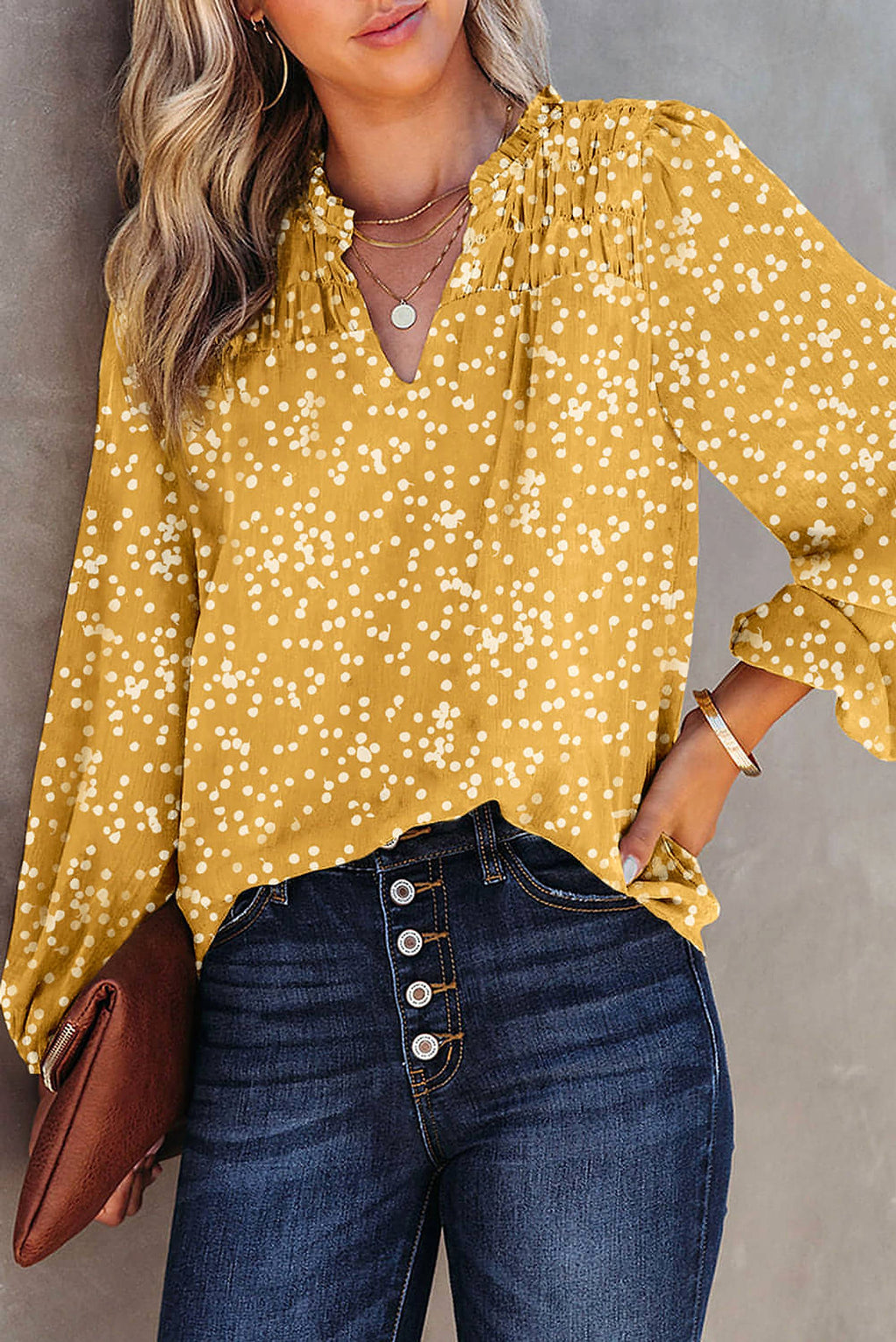 Yellow Split Neck Fall Printed Crinkled Blouse - enhanced image 1