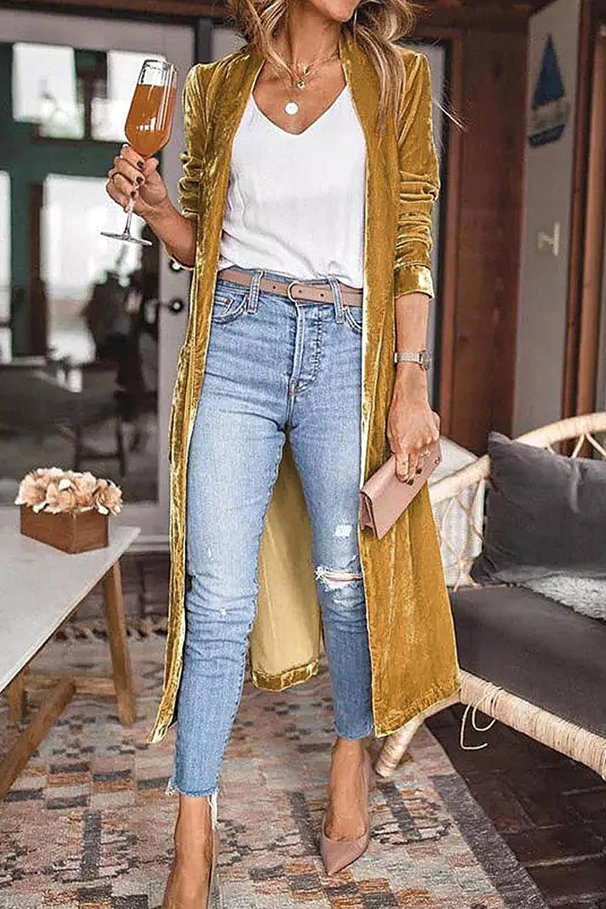 Yellow Velvet Open Front Pocketed Long Duster - enhanced image 1