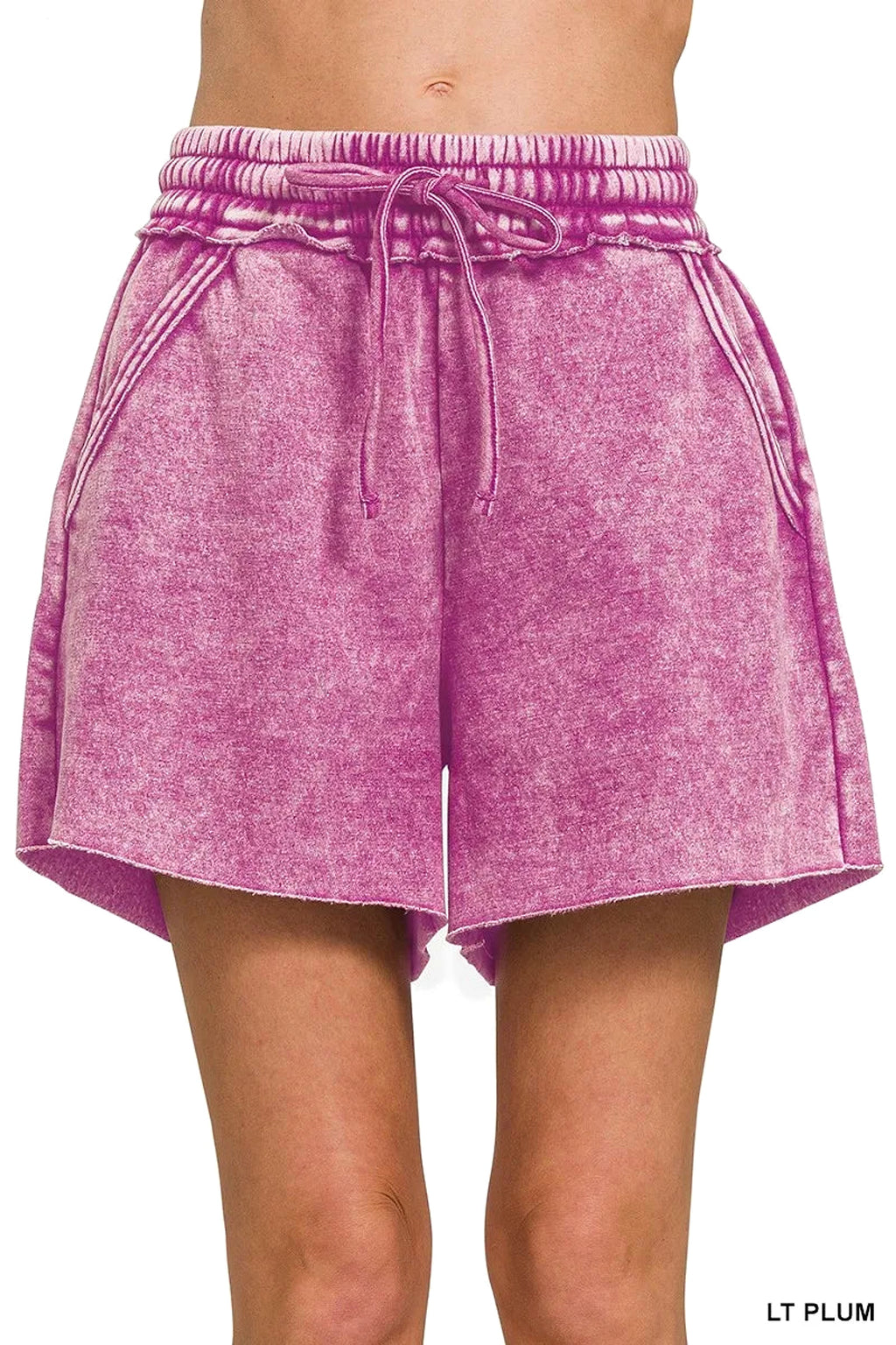 Zenana Acid Wash Fleece Drawstring Shorts With Pockets - enhanced image 1