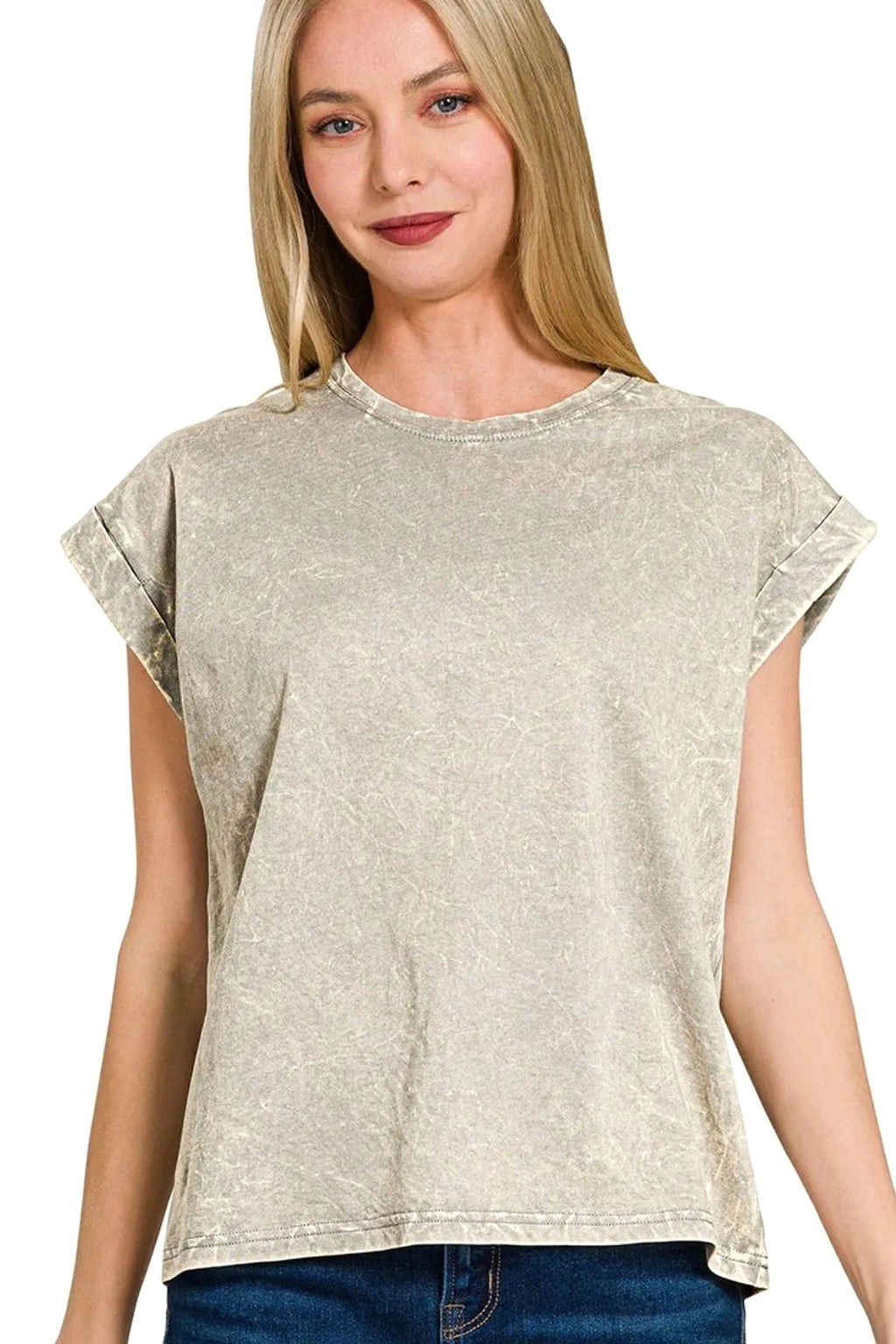 Zenana Crinkle Washed Round Neck Folded Short Sleeve Tee - enhanced image 1