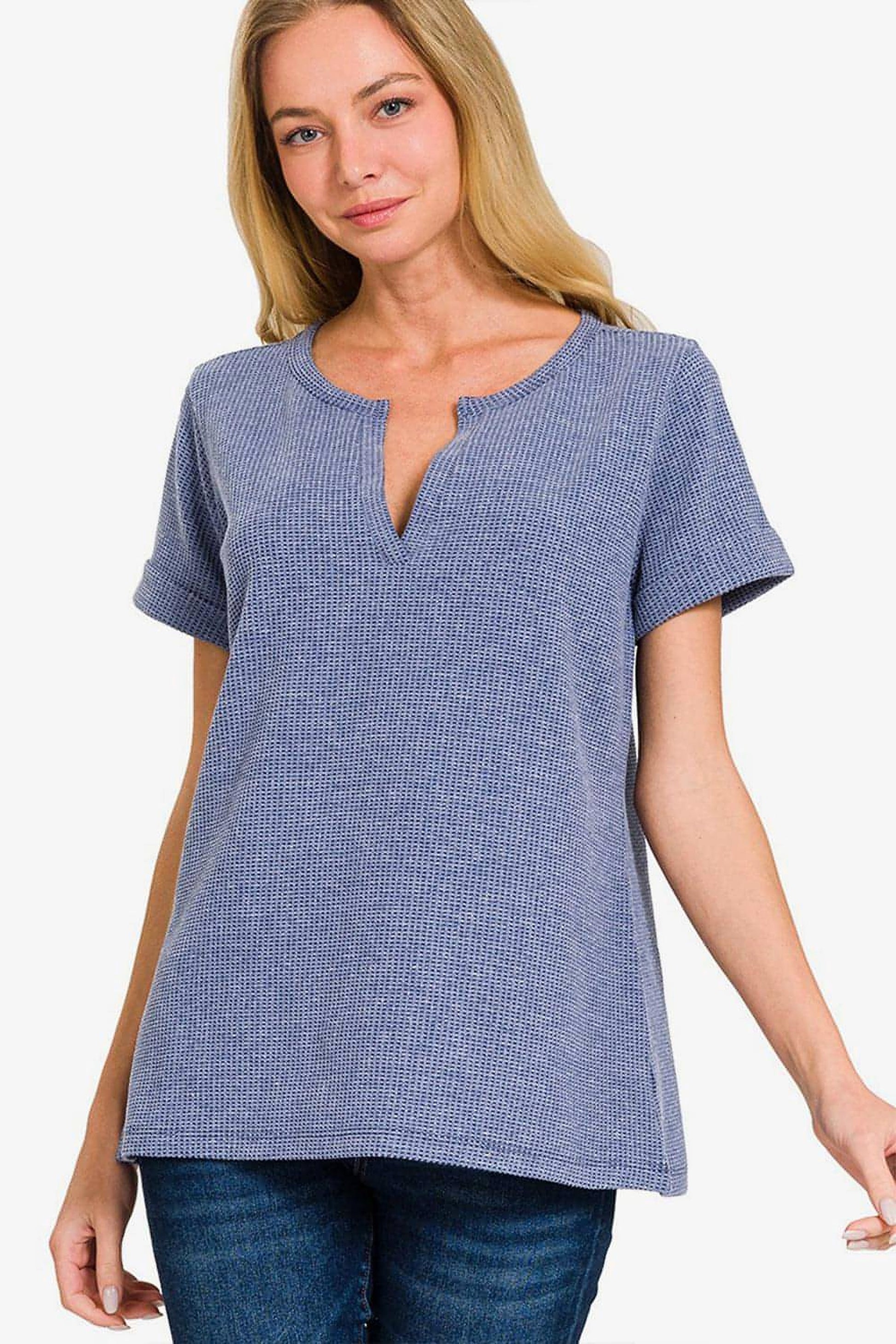 Zenana Notched Short Sleeve Waffle T-Shirt - enhanced image 1