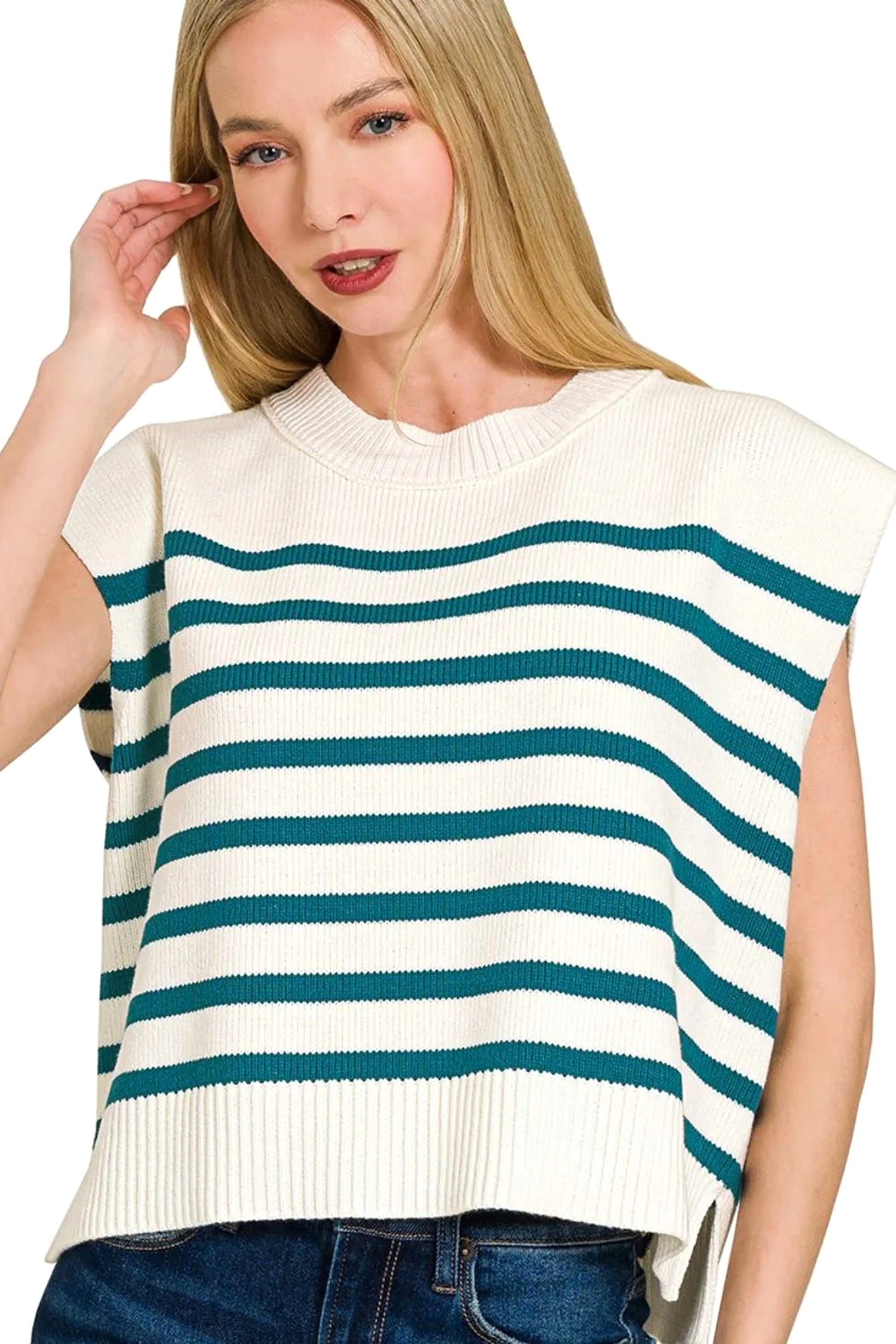 Zenana Oversized Crew Neck Stripe Sweater Vest - enhanced image 1