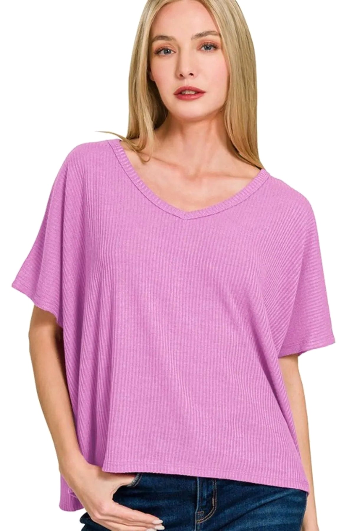 Zenana Ribbed V-Neck Short-Sleeve Knit Top - enhanced image 1
