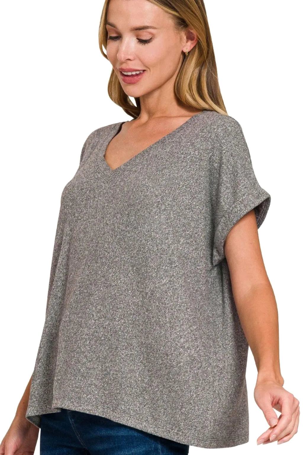 Zenana Soft Melange Hacci V-neck Tee - enhanced image 1
