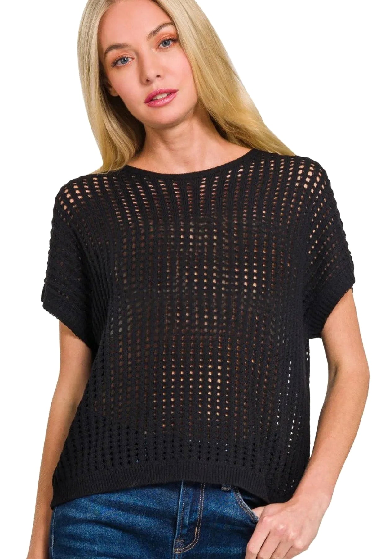Zenana Viscose Crochet Knit Sheer Hollow Sweater - enhanced image 1