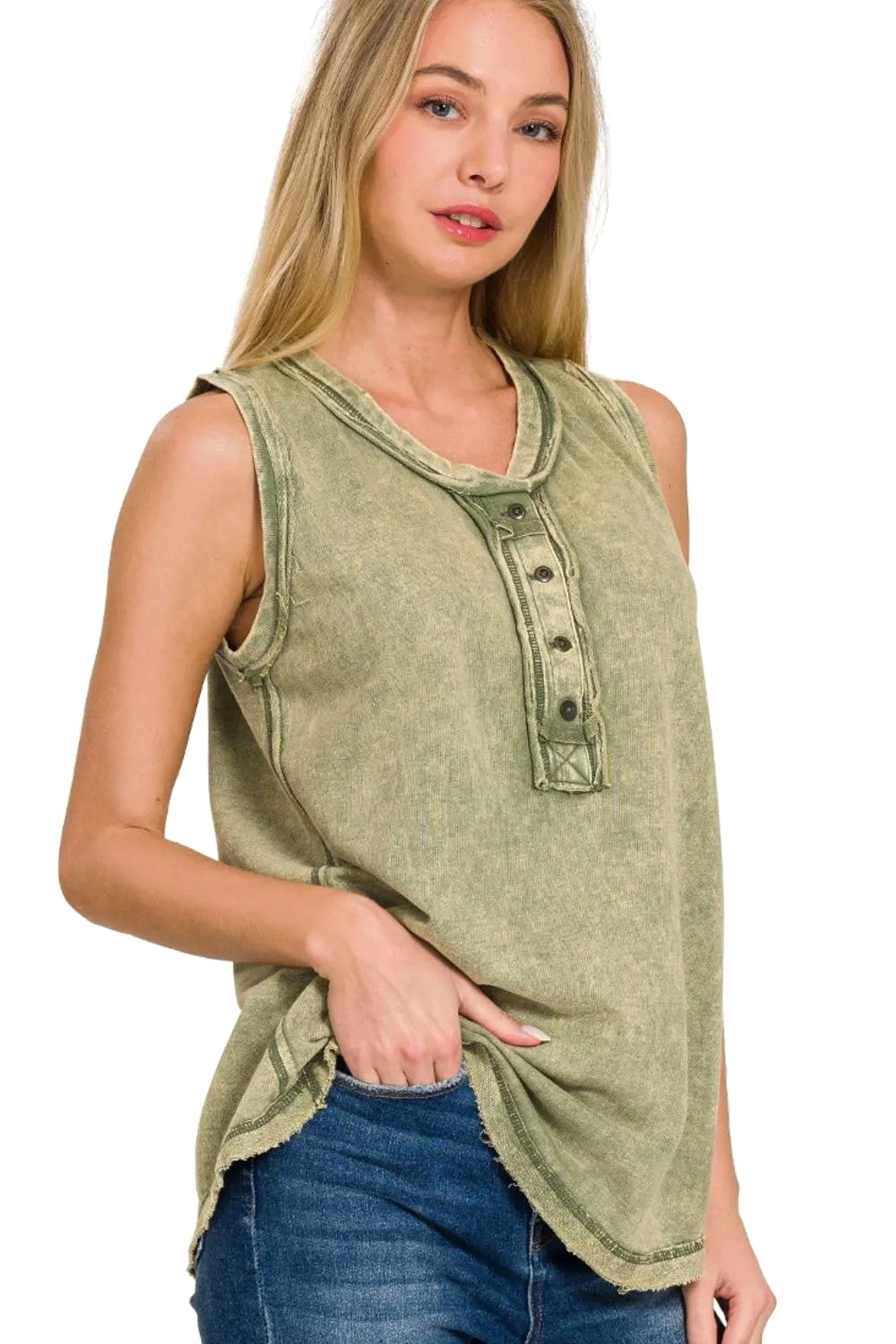 Zenana Washed Half-button Raw Edge Sleeveless Henley Top - enhanced image 1