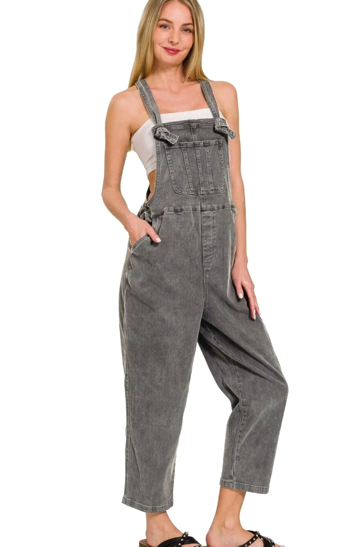 Zenana Washed Knot Strap Relaxed Fit Overalls - enhanced image 1