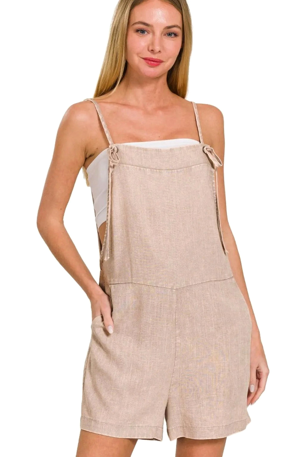 Zenana Washed Linen Knot Strap Rompers - enhanced image 1