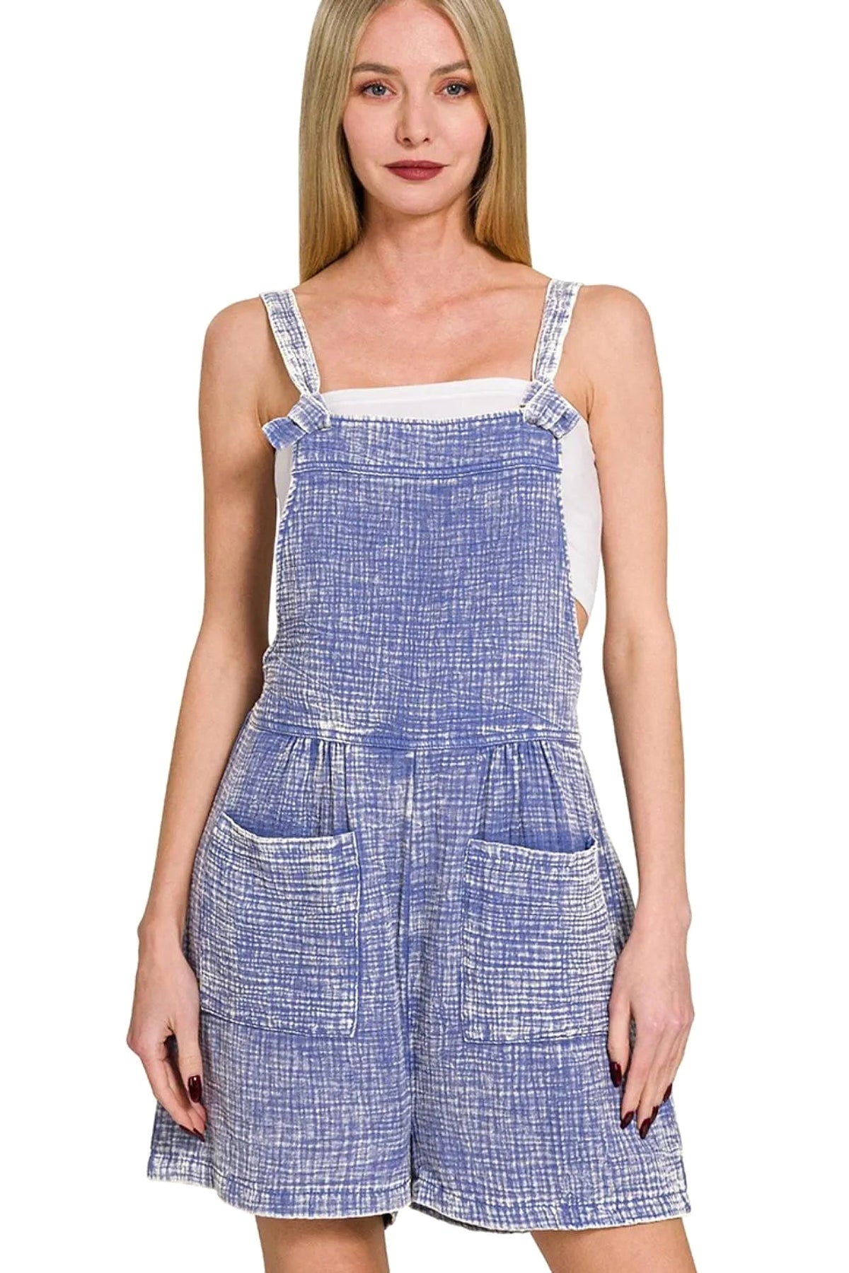 Zenana Woven Double Gauze Acid Washed Romper - enhanced image 1