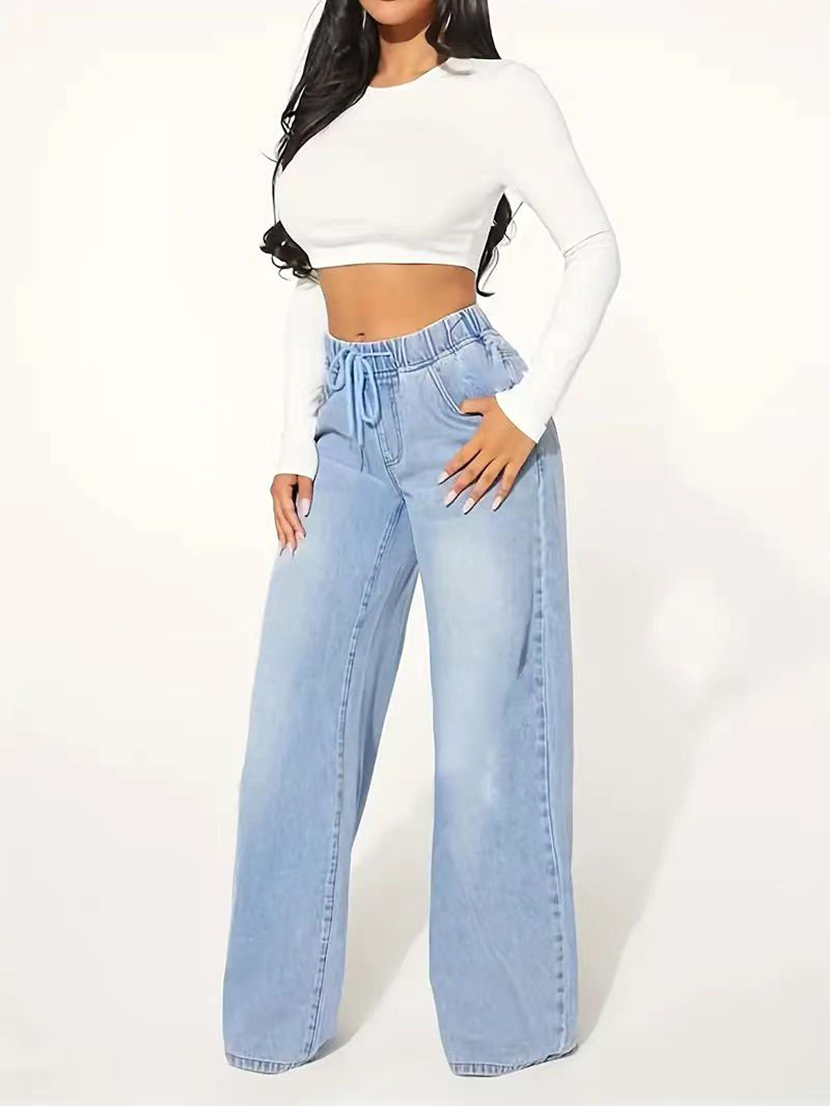 25 Edition – High Waist Drawstring Wide Leg Jeans – Light Blue - enhanced image 2
