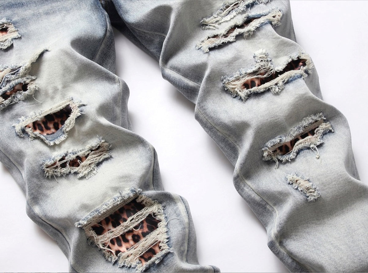 25 Edition – Men’s Slim Fit Ripped Jeans with Light-Wash & Patchwork - enhanced image 2
