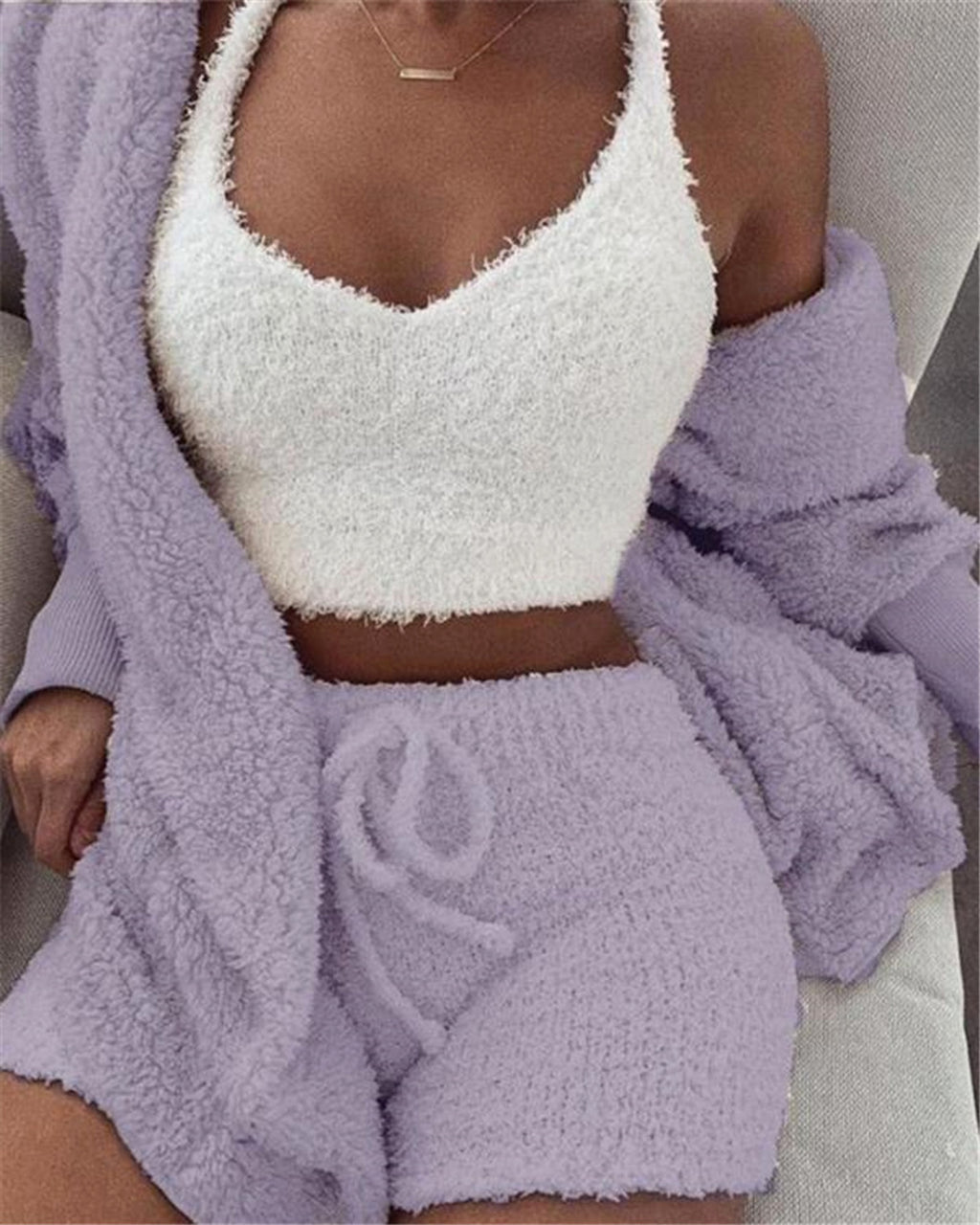 3pcs Women's Loungewear Set – Cozy Crop Tank, Drawstring Shorts & Long Sleeve Top - enhanced image 2