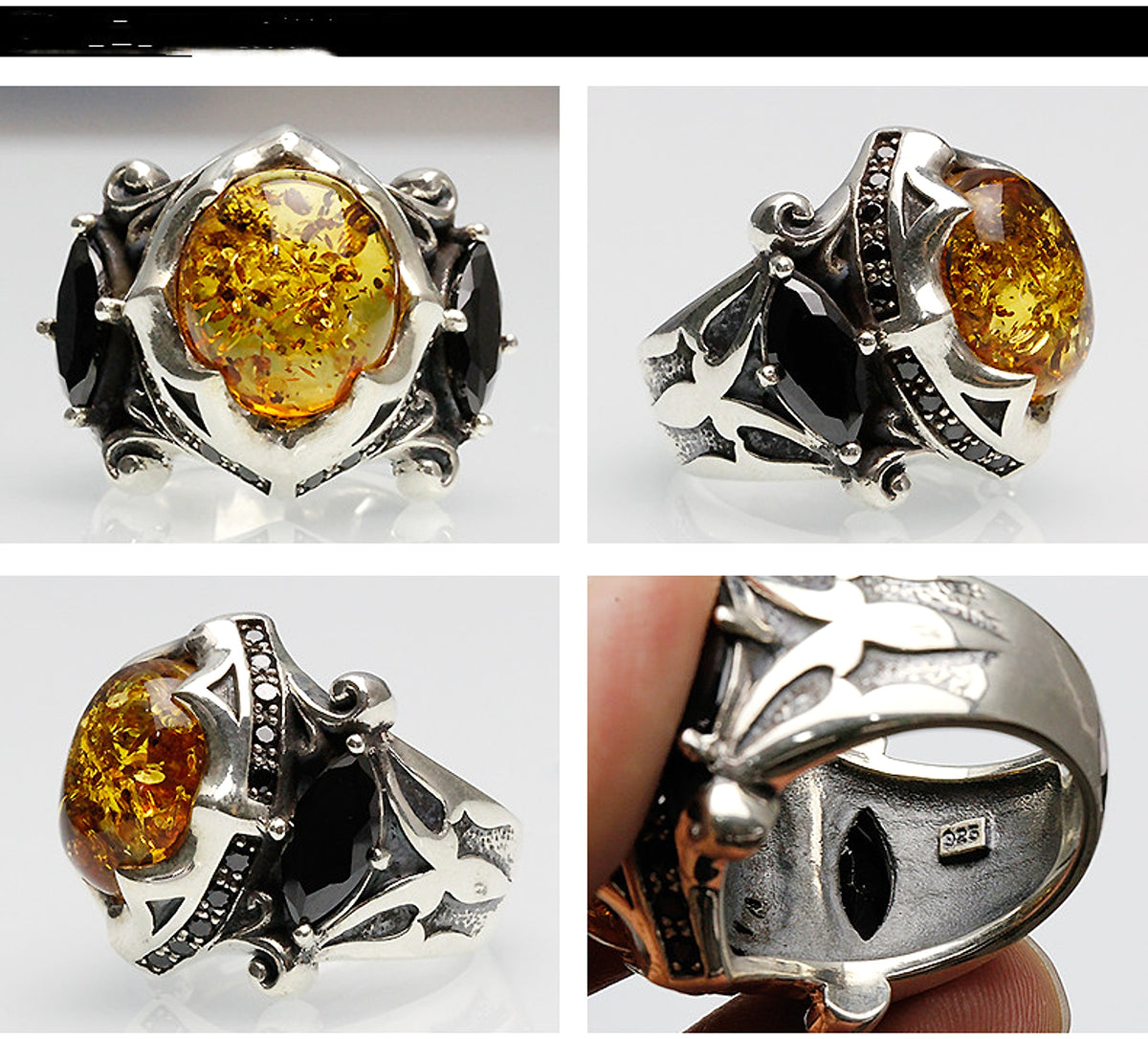 925 Thai Silver Ring Retro Gem Black Stone Amber - enhanced image 2