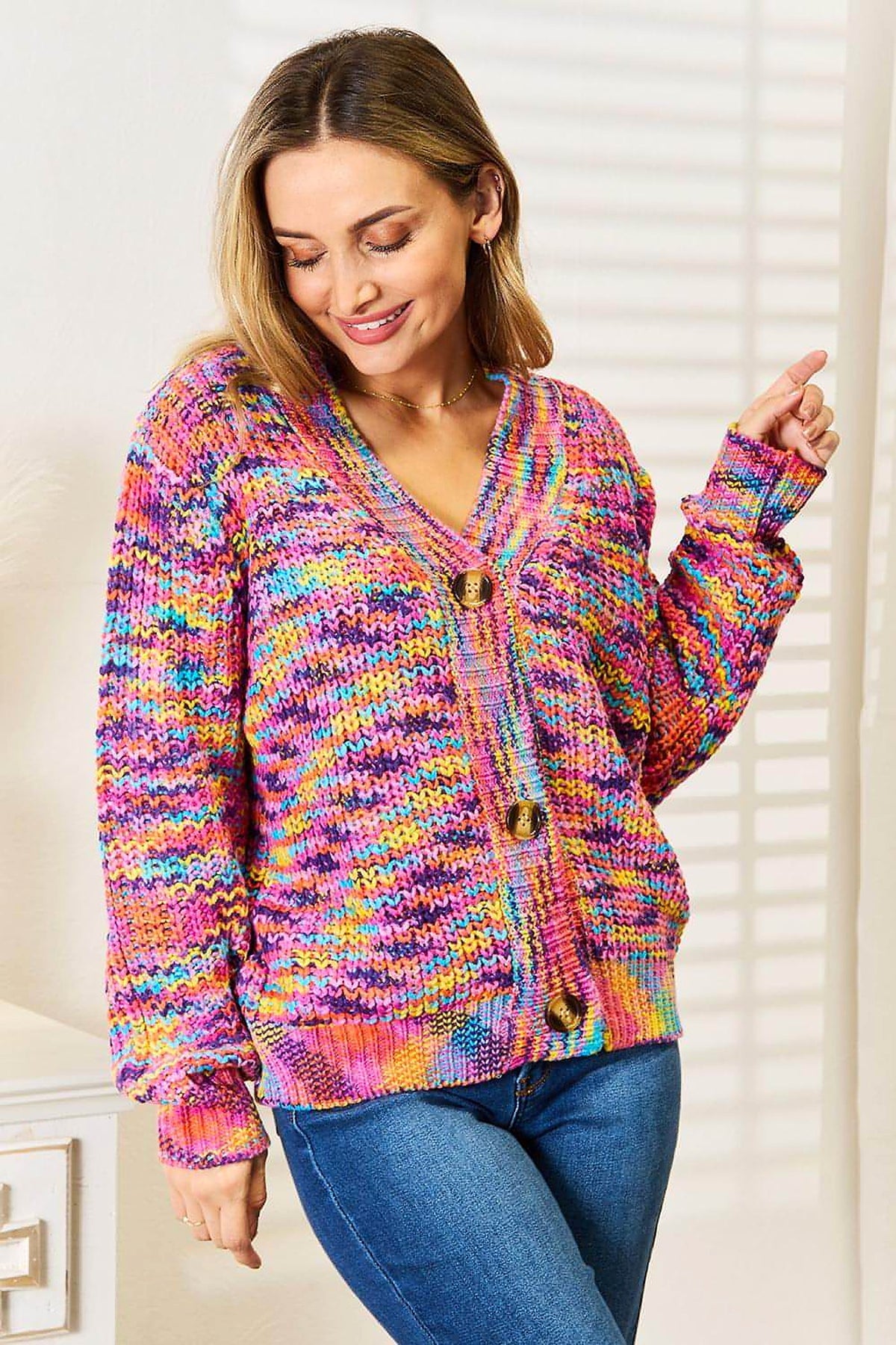 Angel Wings Woven Right V-Neck Long Sleeve Cardigan - enhanced image 2