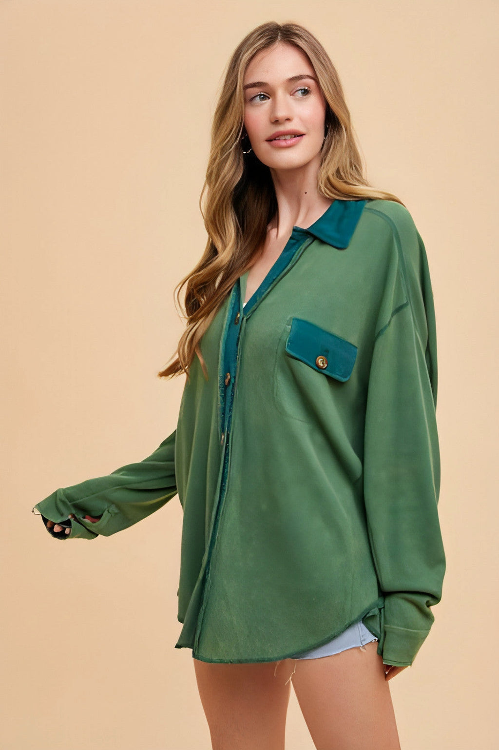 Annie Wear Waffle-Knit Mineral Washed Button Down Shirt - enhanced image 2