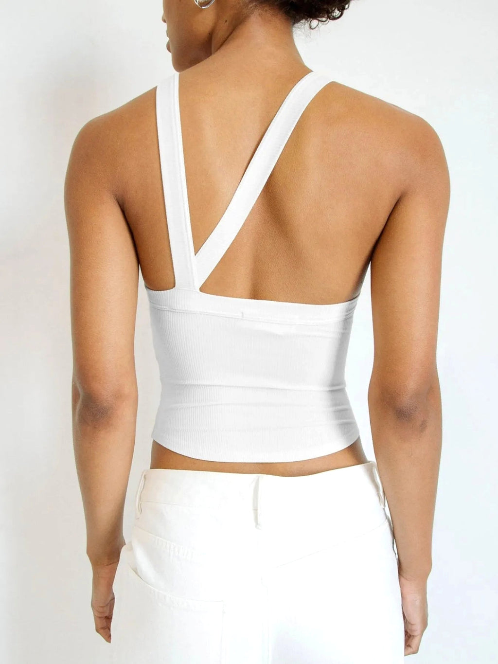 Asymmetrical Back Ribbed Crop Tank Top - enhanced image 2