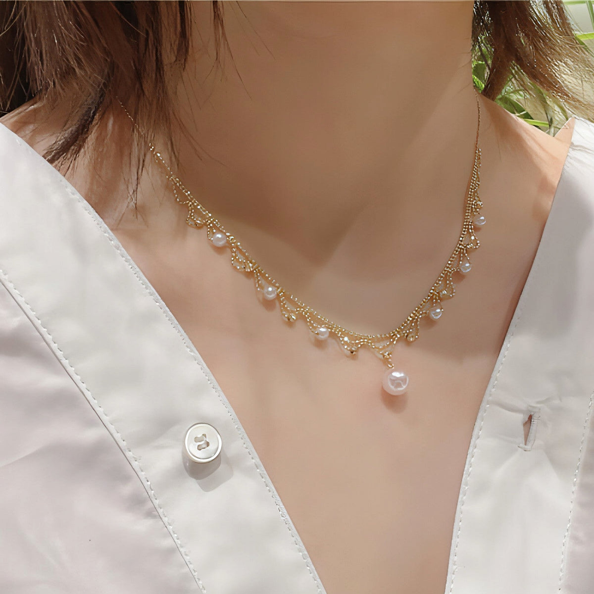 Aurora 18K Gold Lace Pearl Necklace - Sea Elegance - enhanced image 2