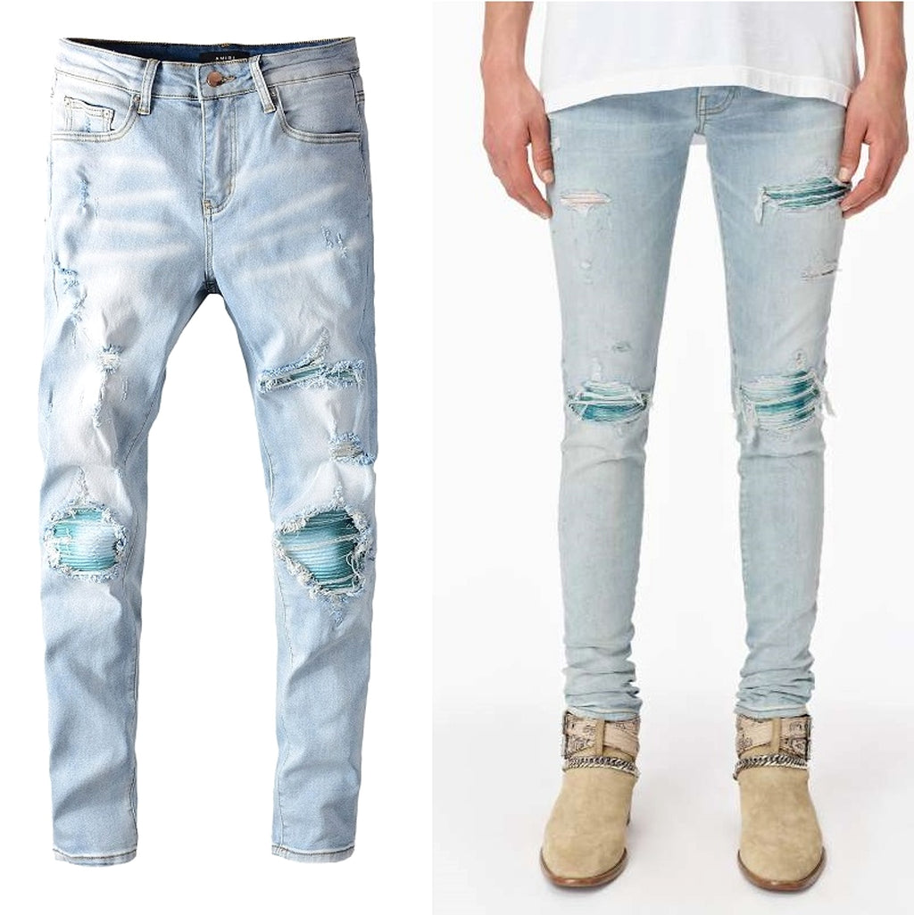 Baby Blue Wash Water Worn Patch Torn Jeans Male - enhanced image 2