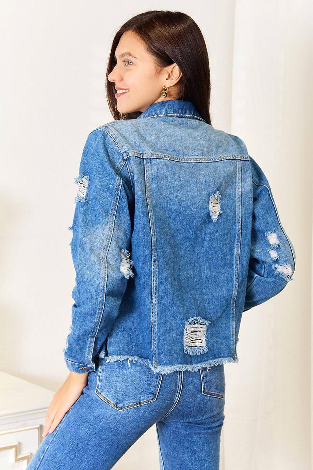 Baeful Leopard Floral Distressed Raw Hem Denim Jacket - enhanced image 2