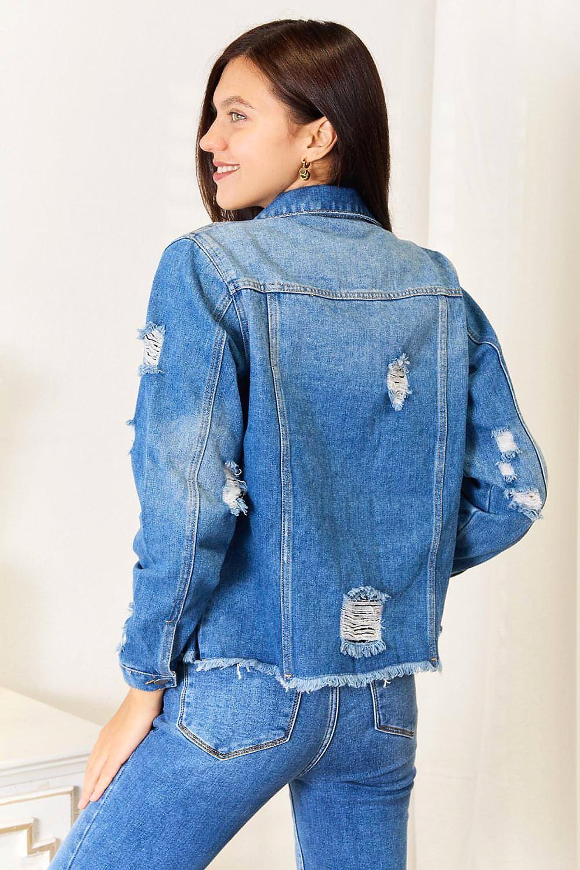 Baeful Leopard Floral Distressed Raw Hem Denim Jacket - enhanced image 2