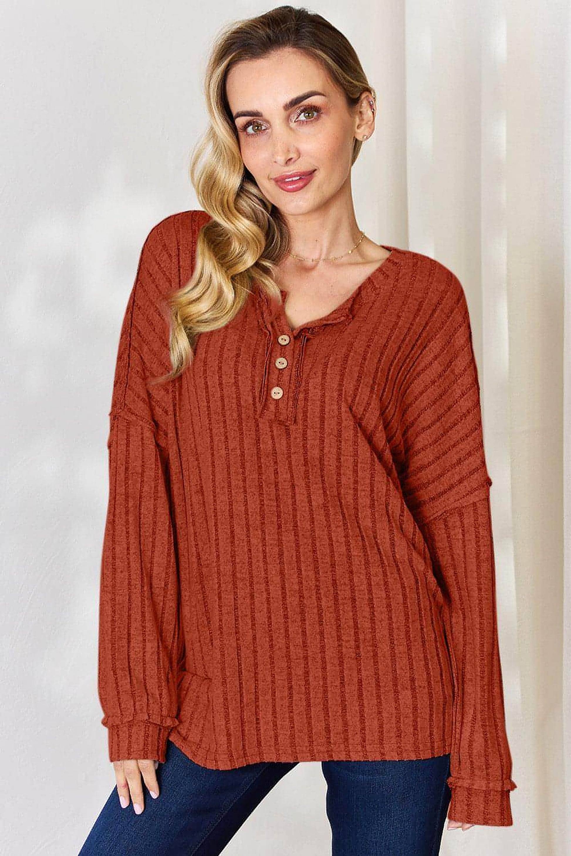 Basic Bae Full Size Ribbed Half Button Long Sleeve T-Shirt - enhanced image 2