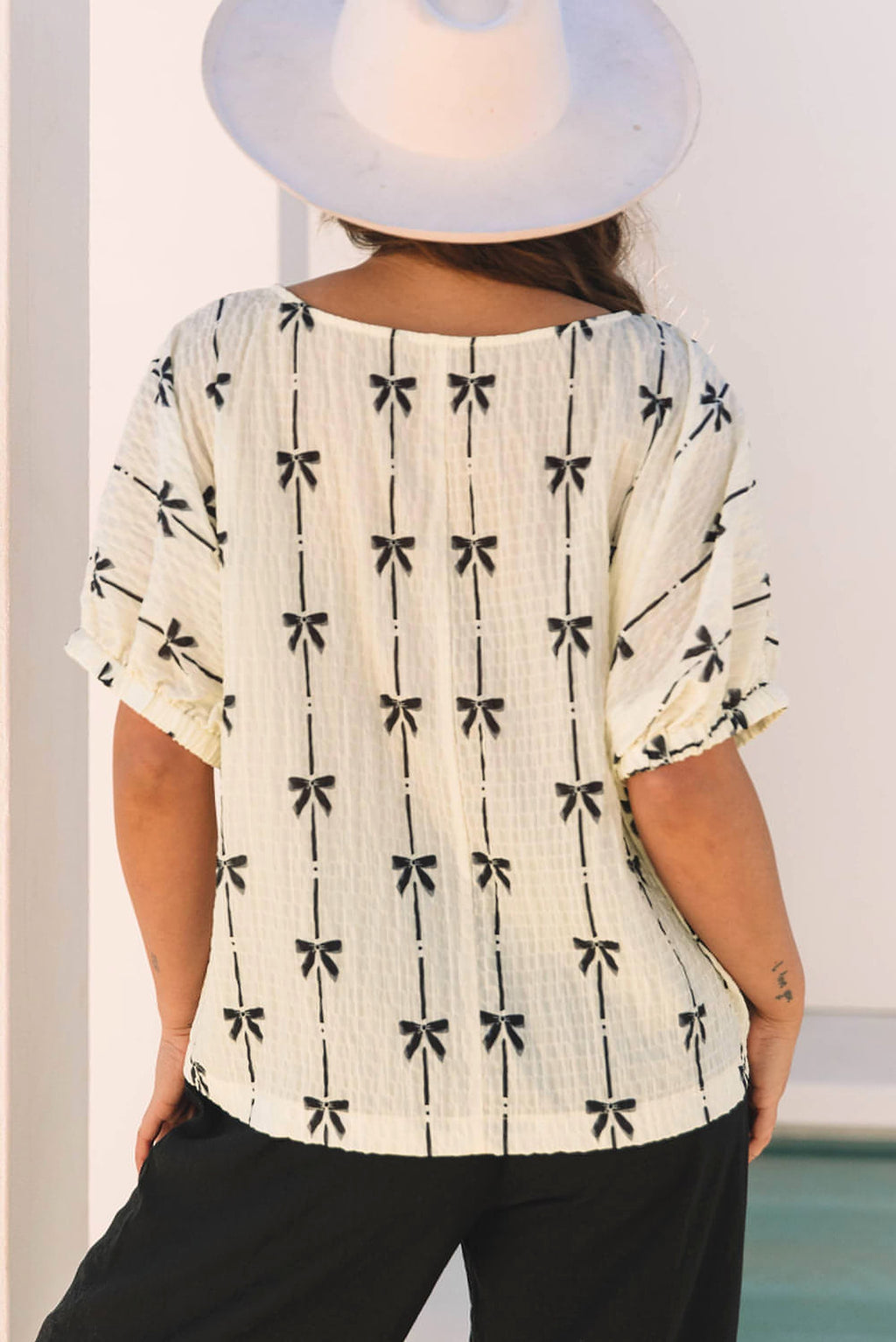 Beige Bow Print Puff Short Sleeve Top - enhanced image 2