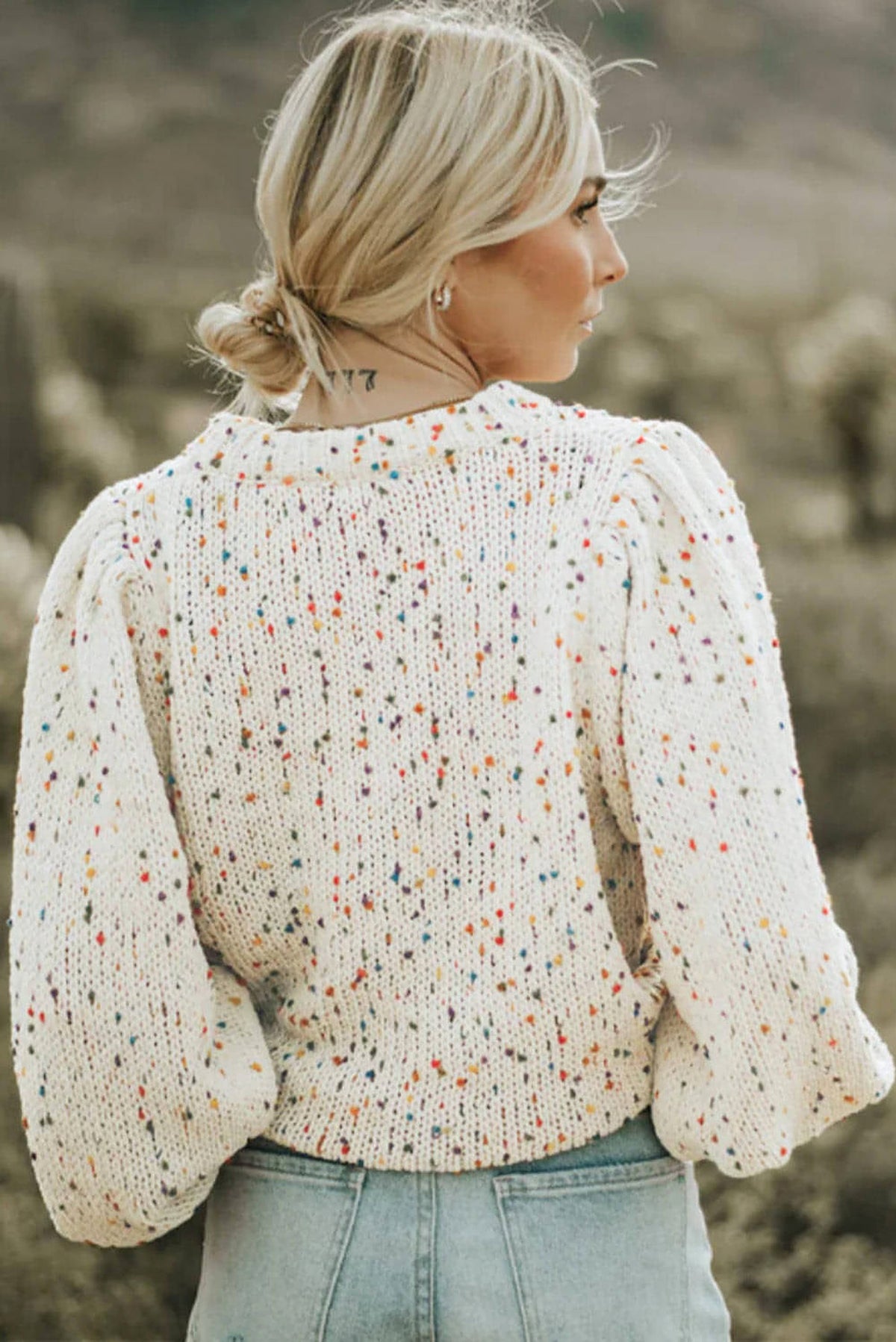 Beige Colorful Confetti Dots Cable Knit Crew Neck Sweater - enhanced image 2