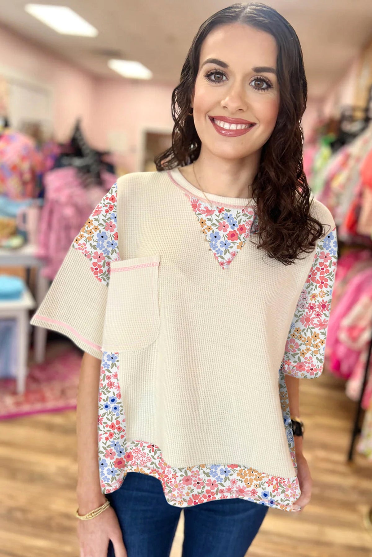 Beige Floral Patchwork Chest Pocket Wide Sleeve Waffle T Shirt - enhanced image 2