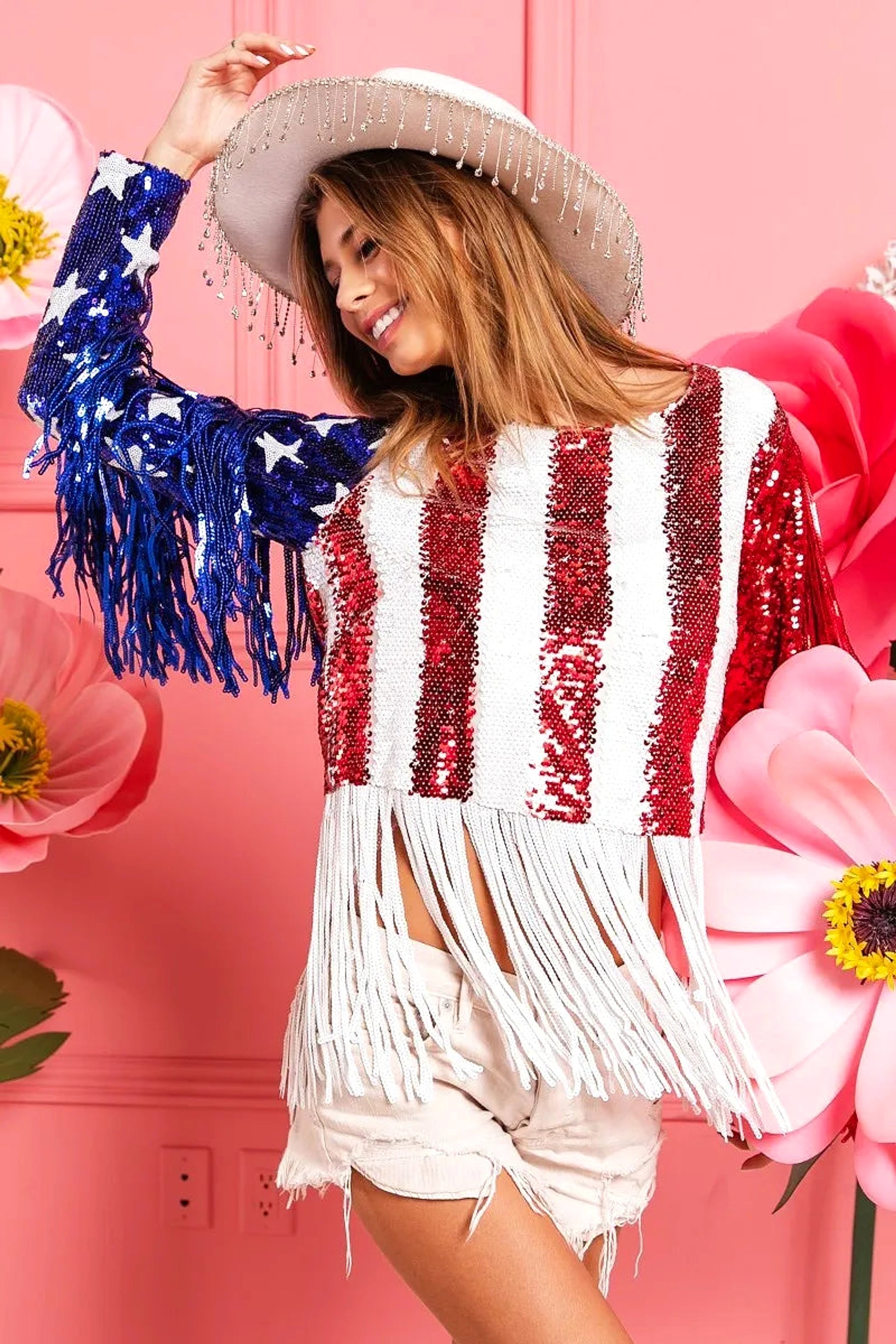 BiBi American Flag Theme Fringe Detailed Sequins Crop Top - enhanced image 2